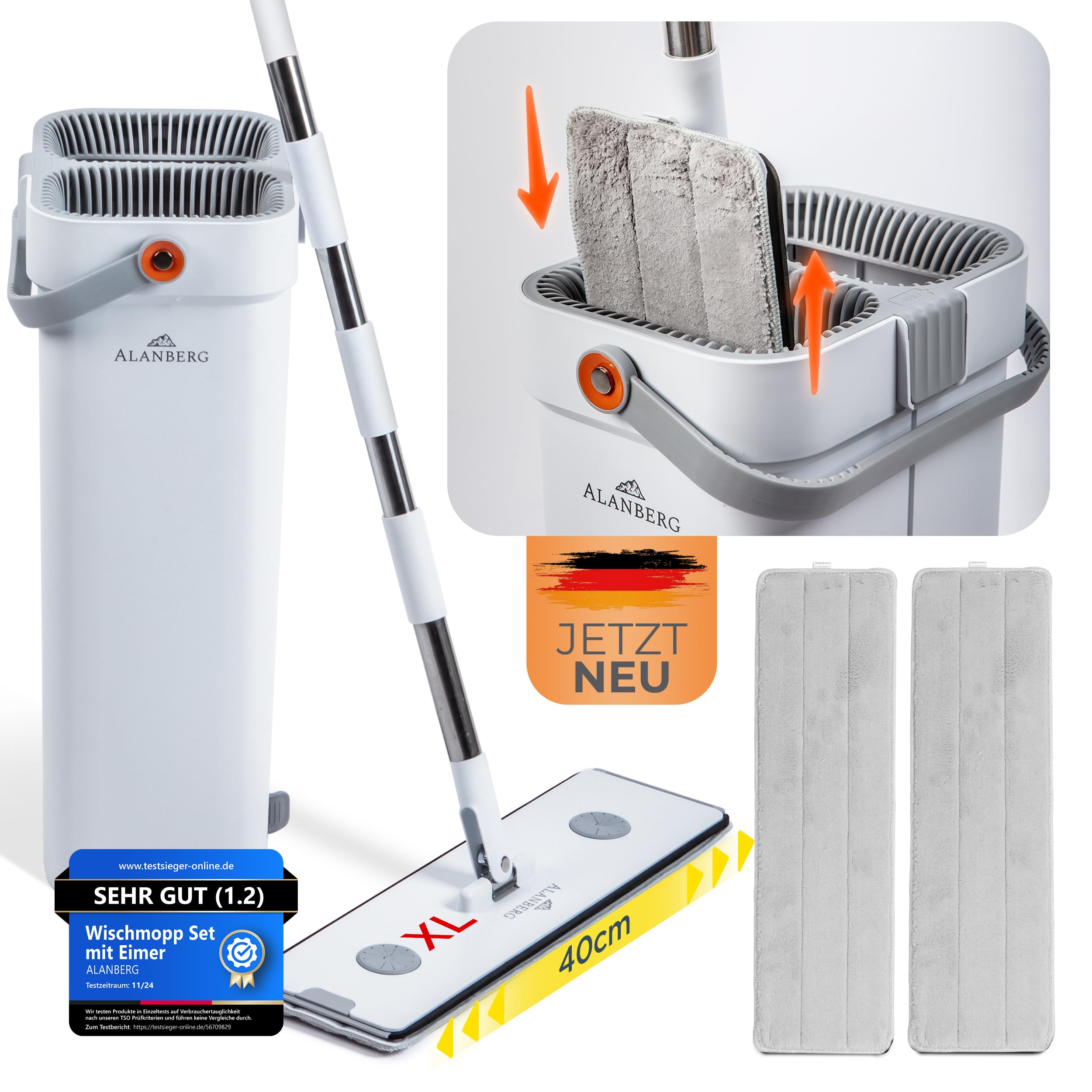 ALANBERG Wischmopp Set mit Eimer, Bodenwischer XL 40 cm, Weiß | Edelstahl-Teleskopstiel 143-181 cm, 2 Mikrofaser-Pads, Selbstauswringung, Tierhaarentferner, für Hartböden