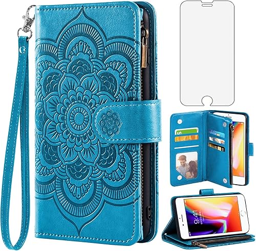 Asuwish Compatible con iPhone 78SE 2020 Funda tipo cartera y protector de pantalla de vidrio templado con tapa para iPhone 7, iPhone8 i Phone7case