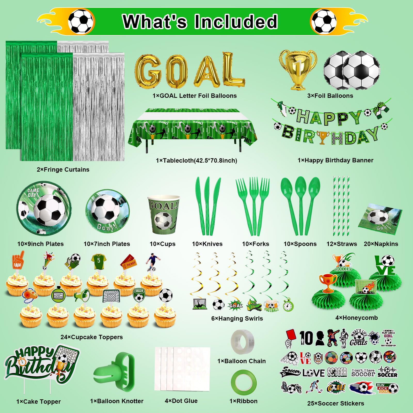 Decorazioni per feste di calcio, 255 pezzi di calcio verde per feste di compleanno