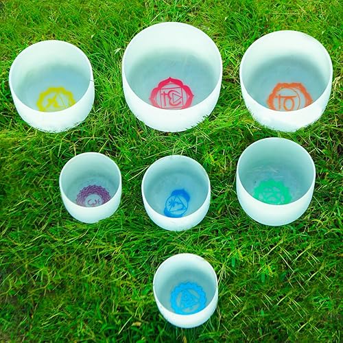 KVKA Juego de 7 cuencos de cristal con diseño de símbolo de chakra de 432 Hz de 7 a 12 pulgadas, para sanación de sonido, con 2 bolsas de transporte