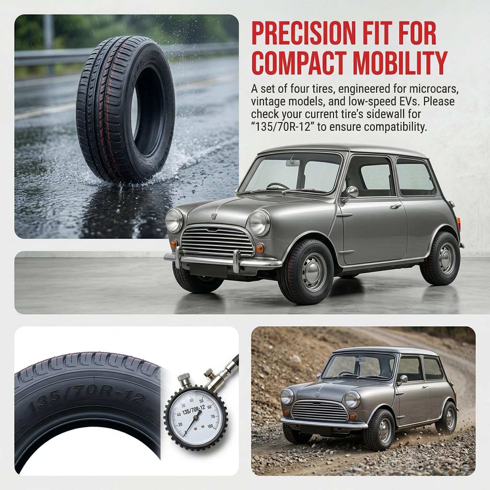 4PC 135/70R-12 Opona Radialna dla Felgi 12 Cali 135/70R/12 Wytrzymała 65Q 250kPa 135 70R 12 dla Mikrosamochodu Niskoprędkościowego Pojazdu Elektrycznego