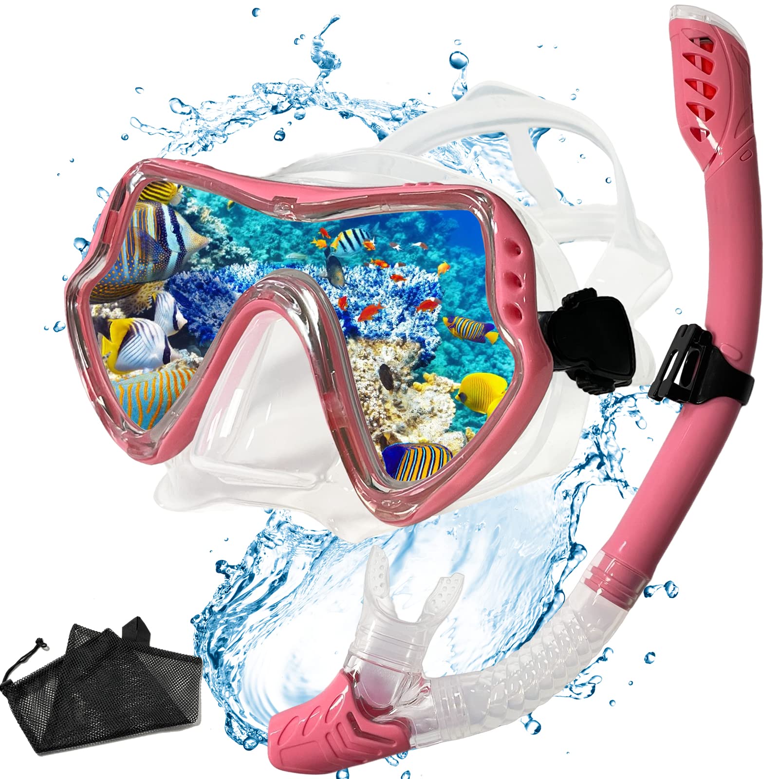 Snorkel Set,VVG Snorkel Dry Top Snorkeling Gear for Adults, Panoramic Anti-Leak and Anti-Fog Tempered Glass Lens, Adults Adjustable Snorkeling Set, Scuba Diving Swimming Training Snorkel