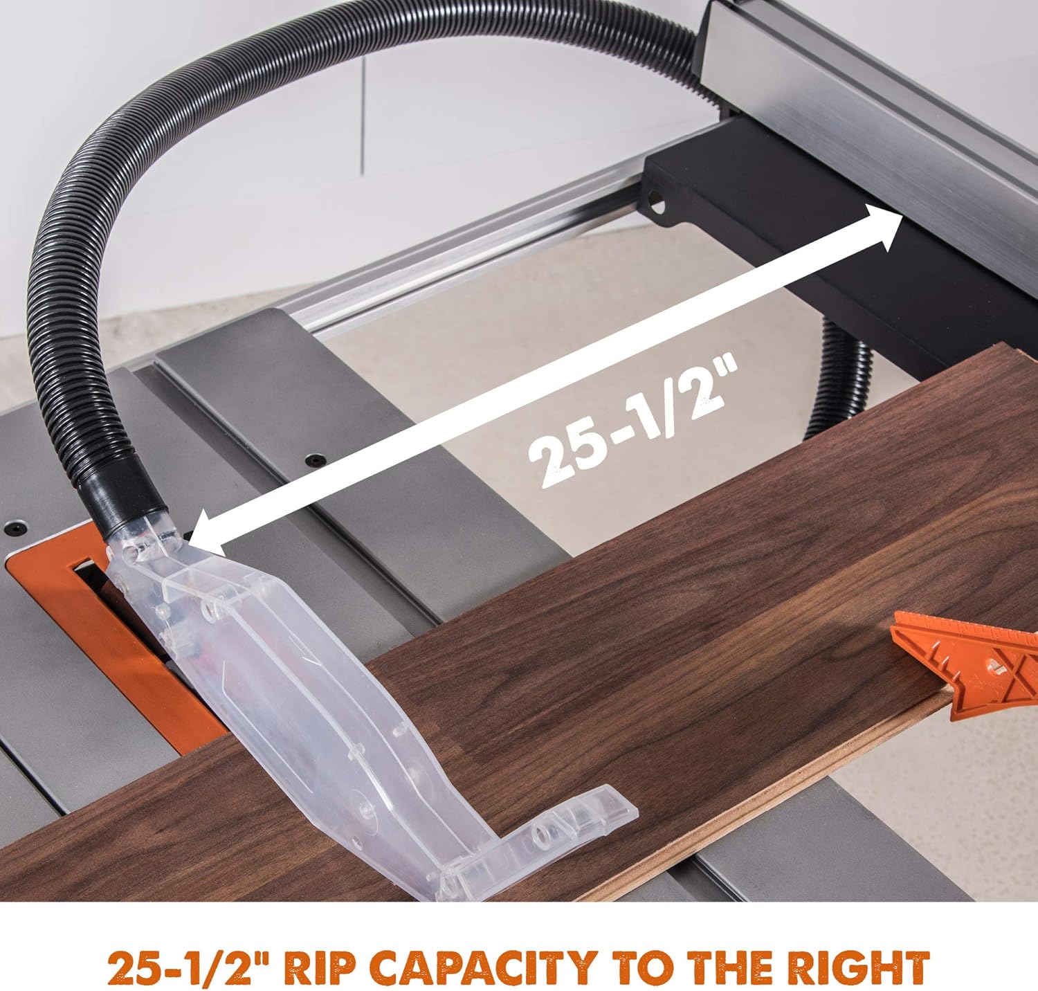 Image showing a workpiece being rip cut with the fence, indicating 25-1/2 inch rip capacity