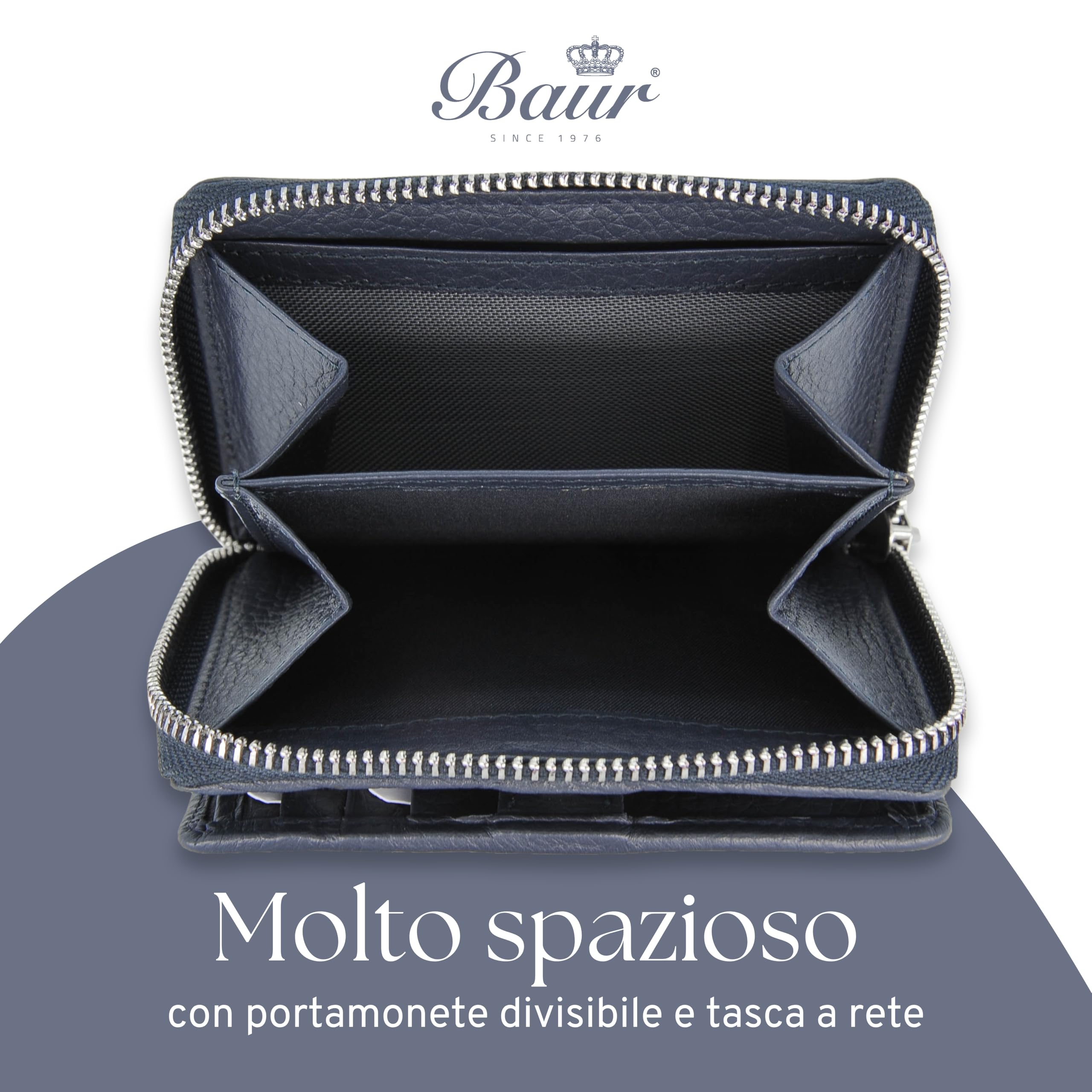 Baur portafoglio da donna – vera pelle con protezione RFID – portafoglio piccolo con 6 scomparti per carte – chiusura a bottone a pressione & tasca portamonete con cerniera (Blu scuro)
