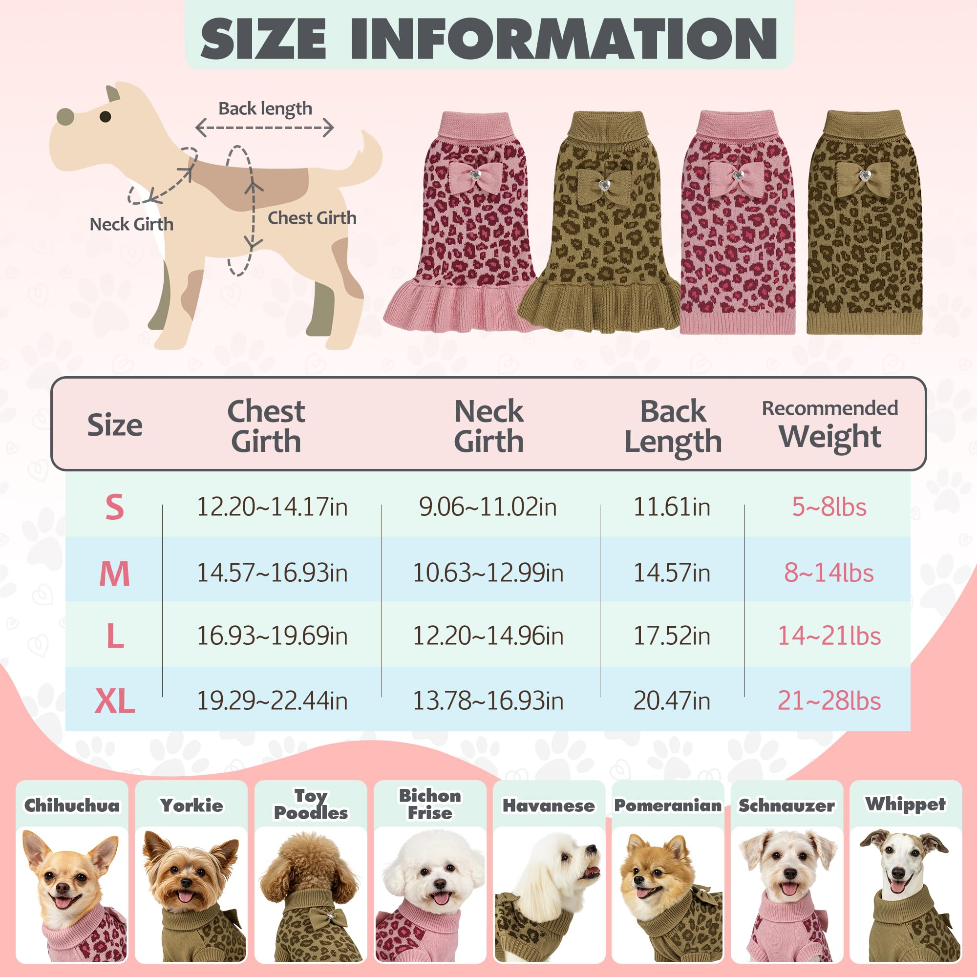 WOYYHO Hundepullover für kleine Hunde und Mädchen mit Fliege, Rollkragen, Leopardenmuster, Hundepullover mit Loch für die Leine, warm, gestrickt, Welpenpullover, Haustier, Hunde, Winterkleidung für