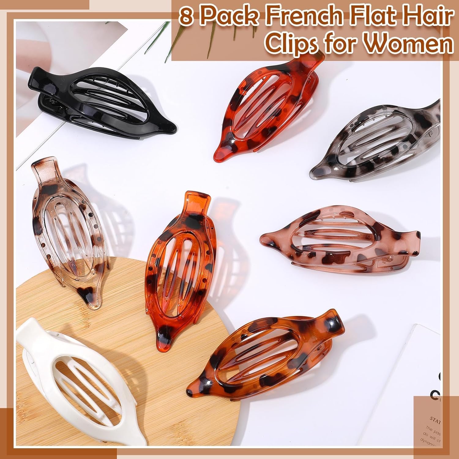 8 Pcs Flat Hair Clips for Women, French Large Flat Claw Clips for Women, Strong Hold Tortoiseshell Hair Claw for Thick Thin Hair - Image 7