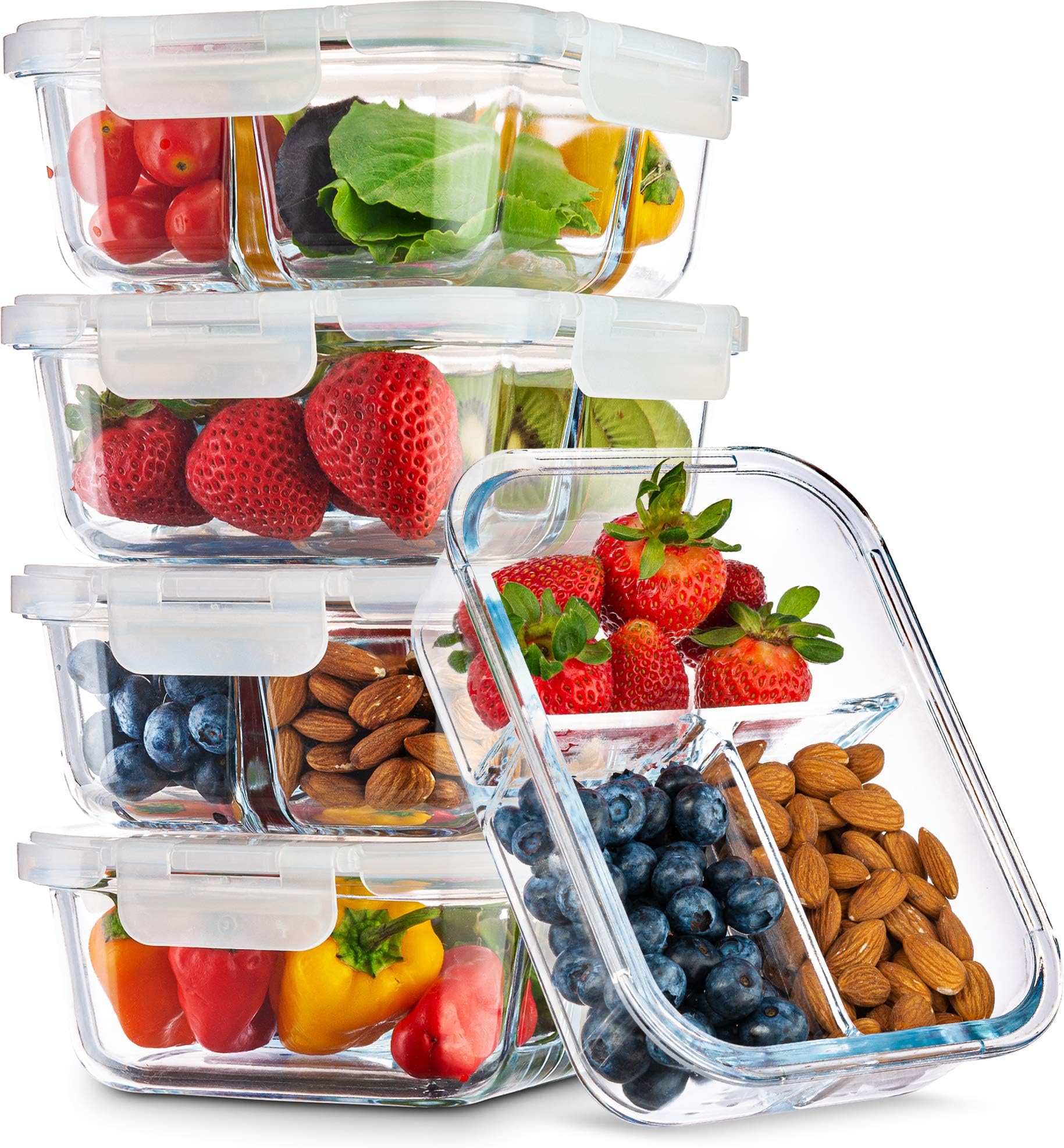 Ez Prepa 3-Compartment 35oz Glass Food Storage Containers (5 Pack) | Meal Prep Portion Control Bento Lunch Box with Air-Tight Clip Lock Lid | Reusable Divided Bento Box (5 Pack)