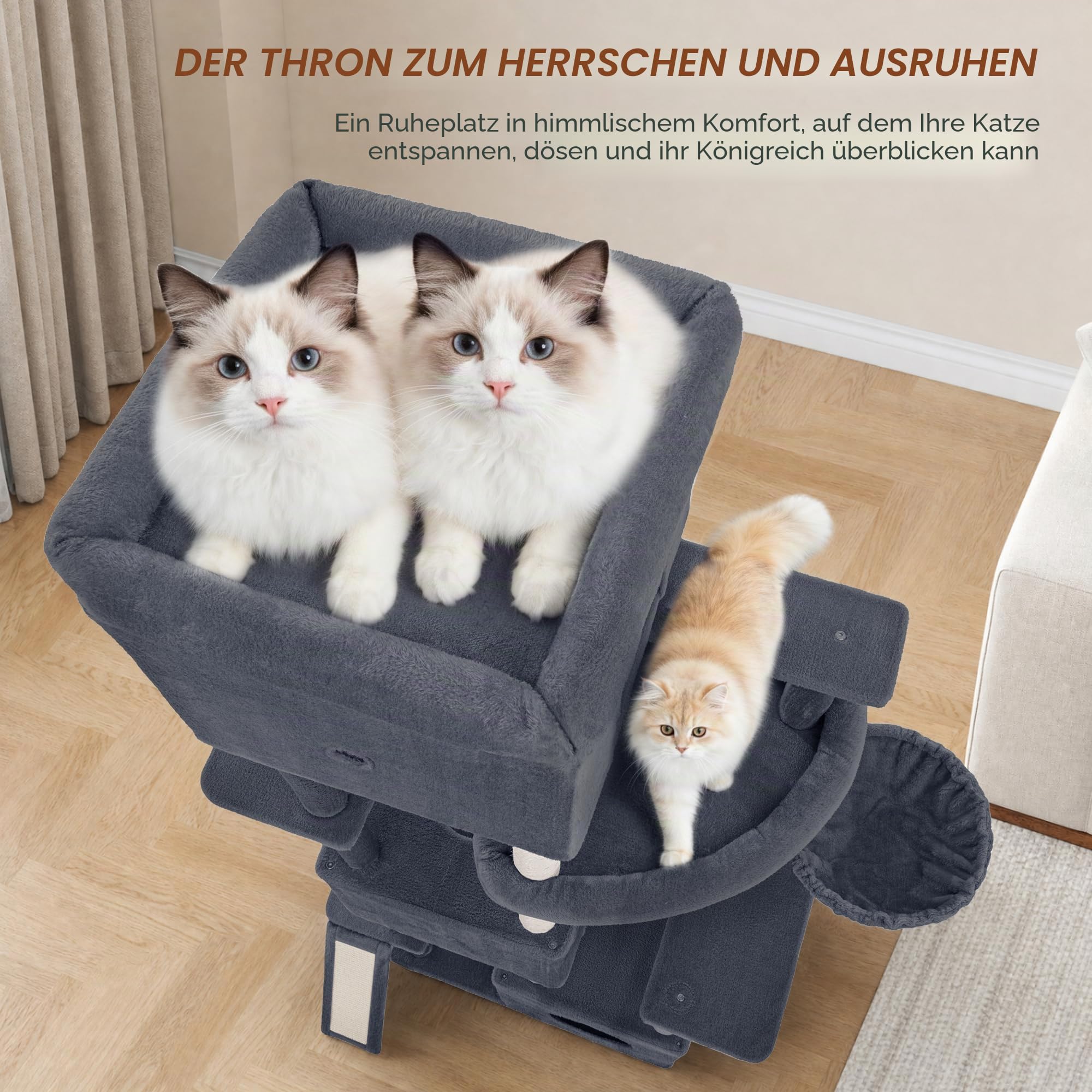 Kratzbaum, 200 cm XXL Katzenbaum, Dunkelgrau, mit 3 Große Höhlen | Mehrere Plattformen, 7 Sisalstämme, Kratzbrett, Körbe, Pompons, für Große Katzen Stabil, für den Innenbereich