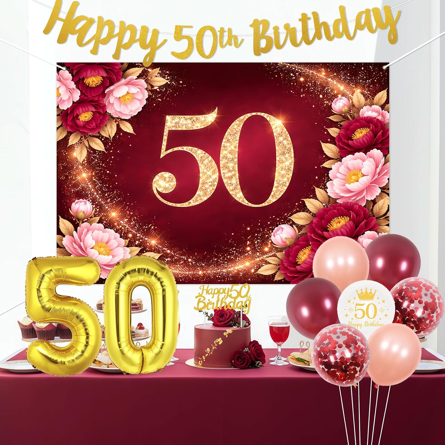 Floral 50th Birthday Decorations, Burgundy and Gold Luxury Flower Theme Happy 50th Birthday Backdrop Banner Cake Topper Number 50 Balloon Kit for Women 50 Year Old Bday Party Supplies image 5