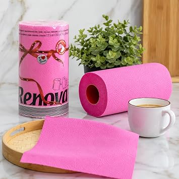 Renova Pink Paper Towel Jumbo Roll Set 2 Rolls 2 Ply Sheets for Daily Kitchen Tasks, Strong Absorption, Compact Roll Design, Double-Faced Paper for Versatile Use, 120 Sheets per Roll