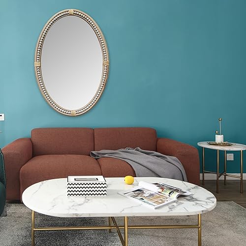 Miniatura 3 de PARISLOFT Espejo ovalado bohemio de 26 pulgadas con cuentas y decoración de ratán, espejo de decoración de granja, espejo de pared para sala de