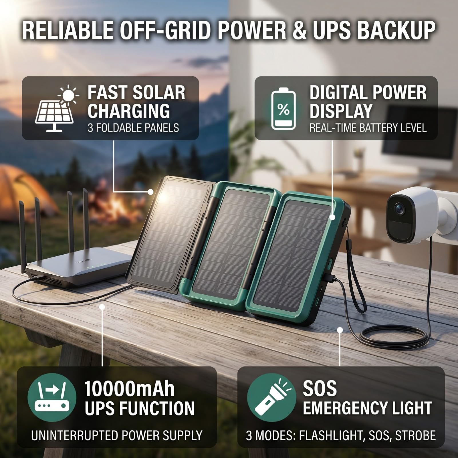 Garosa Solar Power Bank 10000mAh Ups 3 Pannelli Pieghevoli Usb C | PC Ignifugo, Uscita Ingresso USB C, compatibilità Telecamera Router, Backup in Caso di Interruzione, LED SOS, Caricatore