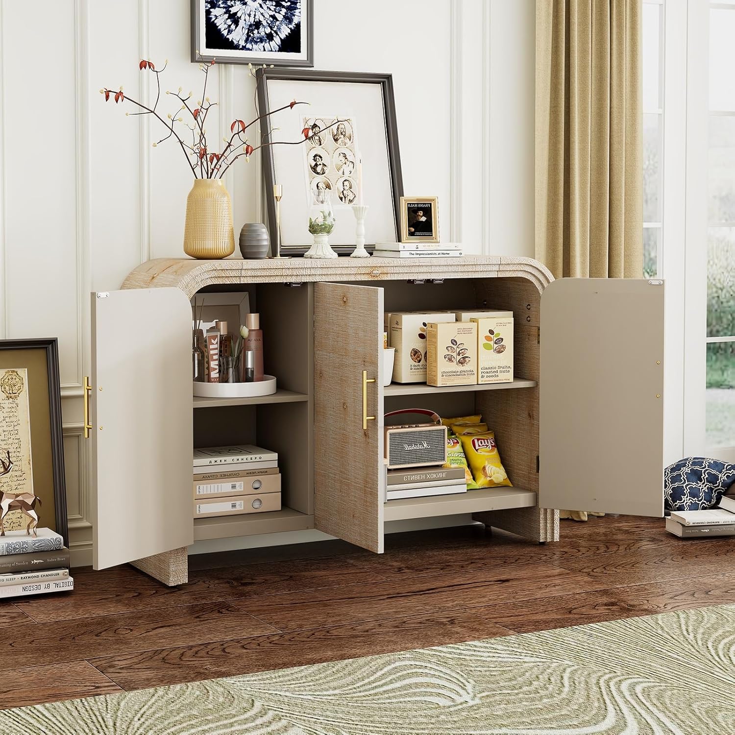 Retro Minimalist Curved Sideboard with Gold Handles and Adjustable Dividers for Living Room or Dining Room (Natural Wood Wash)