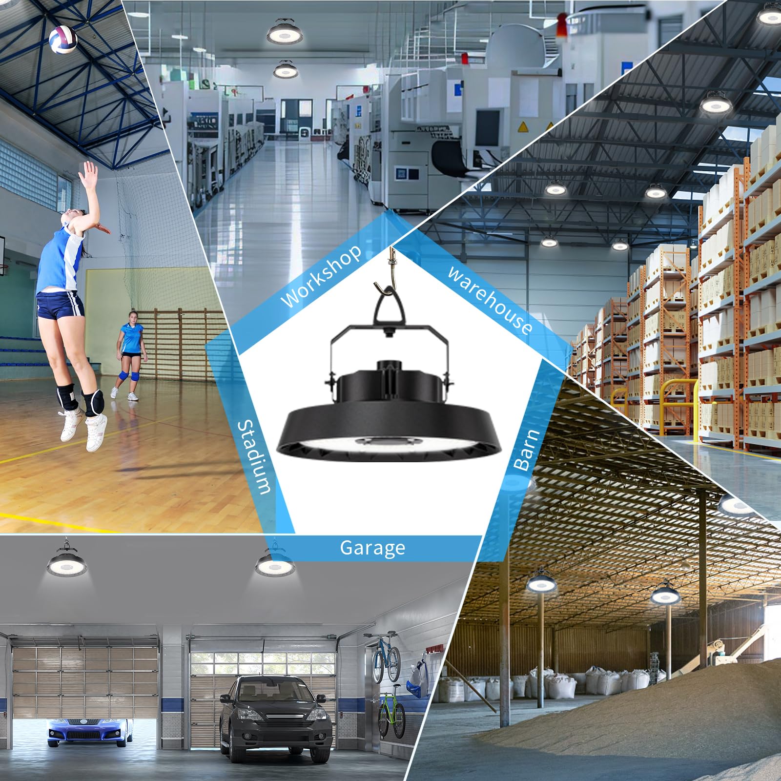 Modlicht Foco LED de gran altura 300W blanco frío 5000K | Lámpara industrial UFO Highbay con ángulo de haz de 90°, 51000lm, iluminación de pasillo IP65 para almacén/taller/luz de garaje comercial