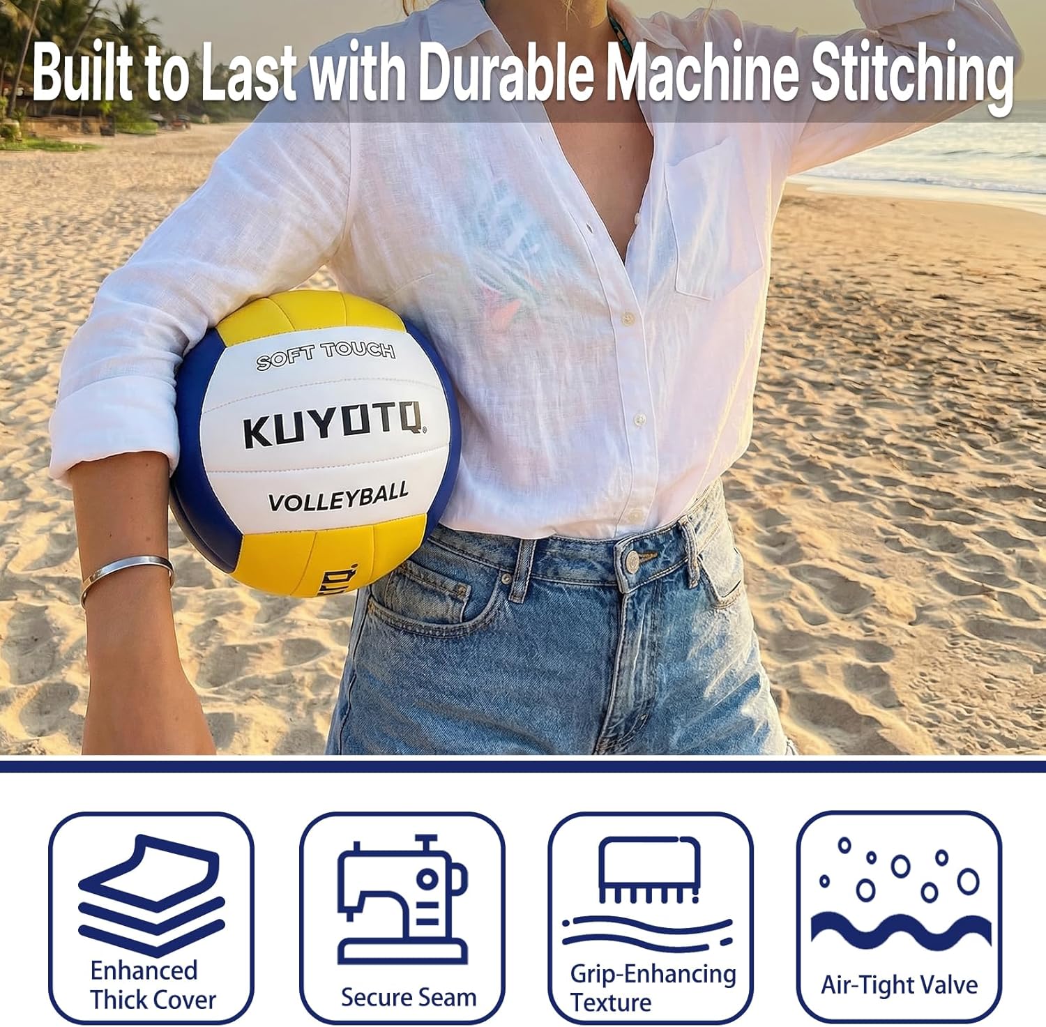 KUYUTQ Beach Volleyball Official Size 5 for in & Outdoor, Sand Volley Ball with Thickened Soft Leather Cover Outdoor Volleyball, Machine Stitched for Gym, Training & Match Play