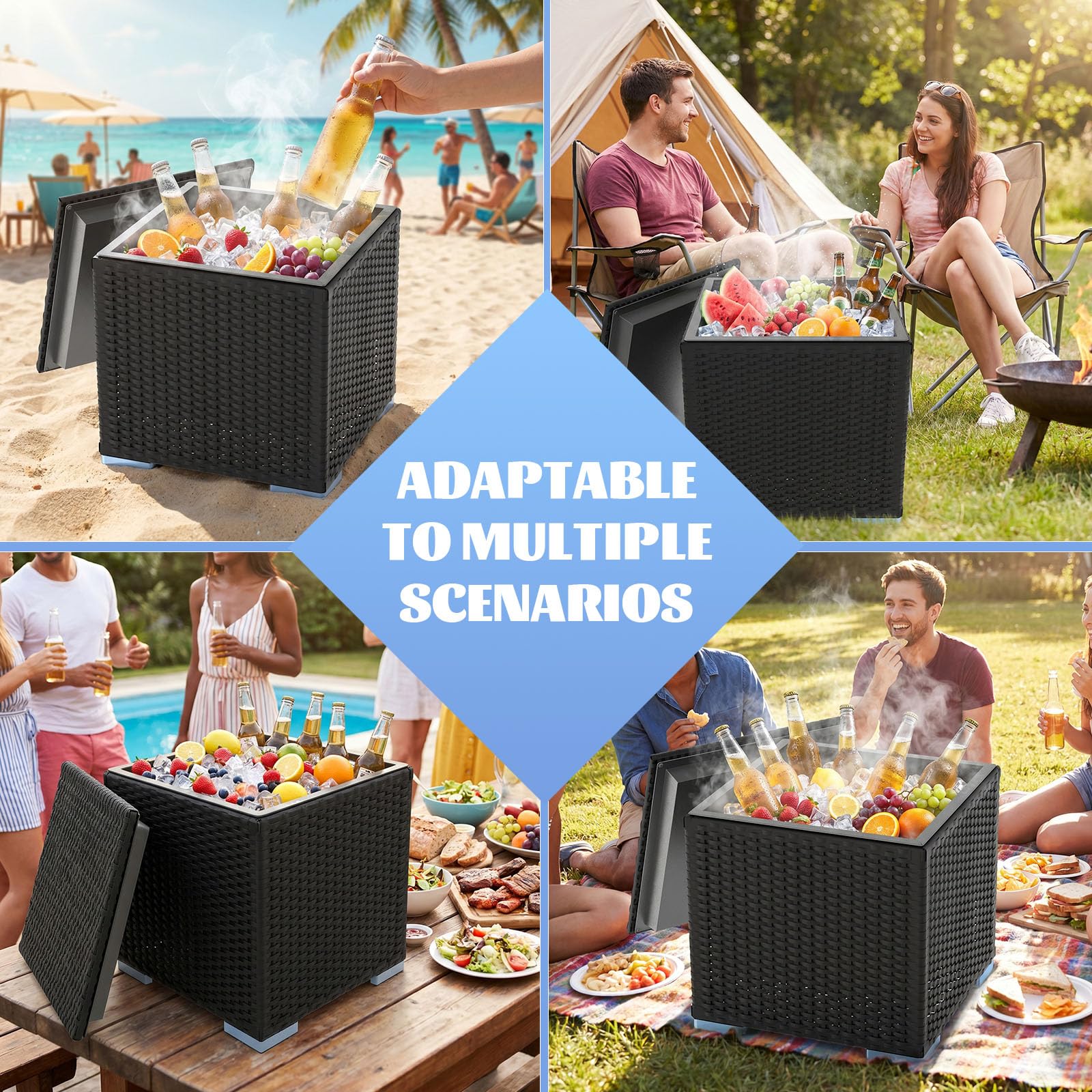 Verdego Lodówka kempingowa 40 l, duża, 43 x 43 x 43 cm, wygląd rattanu PE, podwójne ścianki z wkładką stalową, fajne pudełko może służyć jako stół i taboret, idealna na imprezy grillowe, piknik