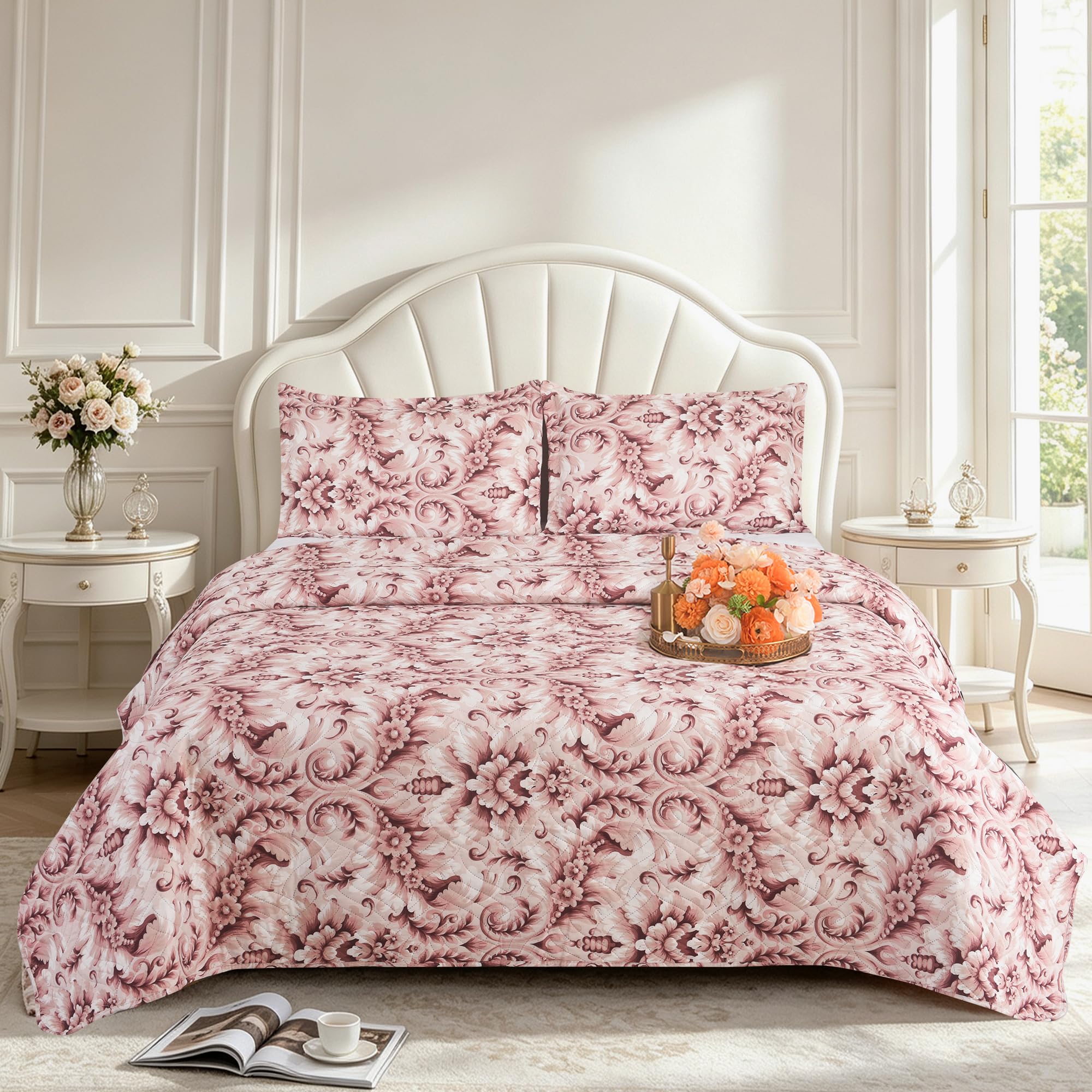 BOSKI LONDON 3 Piece Quilted Patchwork Bedspread with 2 Shams | Reversible Floral King Size & Double | Lightweight Microfiber Quilt | 220x240cm
