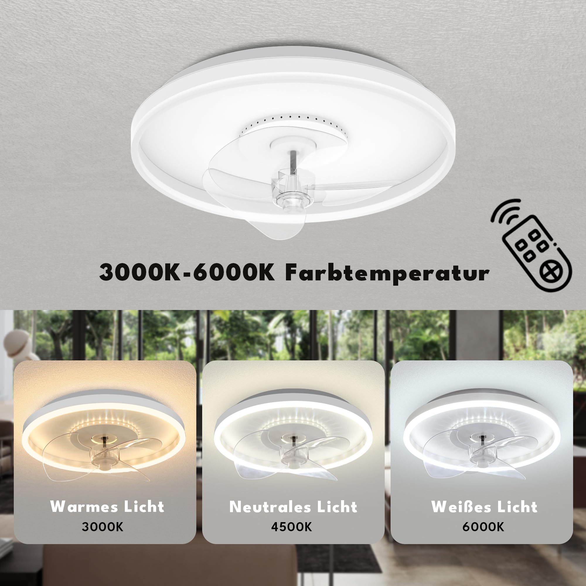 AOEH Deckenventilatoren Mit Beleuchtung LED Dimmbar Deckenlampe Mit Ventilator 6 Wind Modern Runde Leise Fan Deckenleuchte Mit Fernbedienung,52w Weiß Deckenventilator Für Schlafzimmer Wohnzimmer,50cm