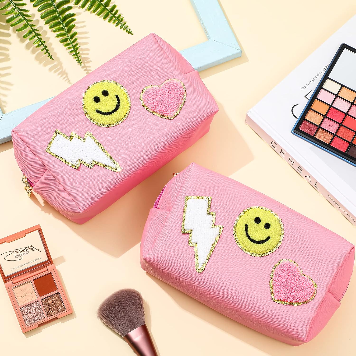 Chunful 9 Pcs Preppy Makeup Bag PU Leather Cosmetic Bag Bulk Makeup Plain Pouch Waterproof Toiletry Purse for Women Traveling Pencil Case Valentine's Day Gifts(Pink,Smile, Lightning, Heart) - Image 4