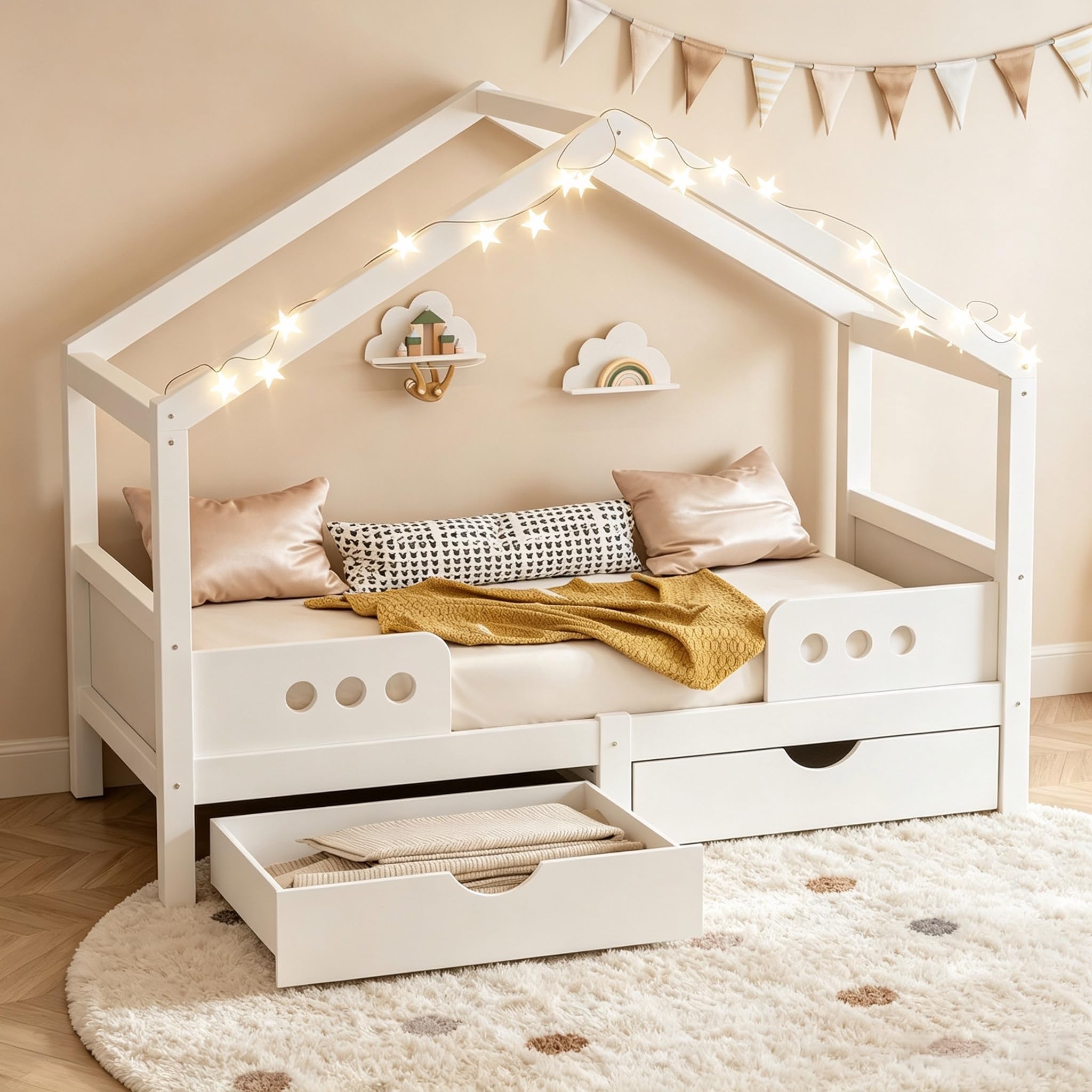 Cama infantil con techo 90 x 200 cm, color blanco, cama con 2 cajones grandes, pizarra en el cabecero, estructura de madera estable+tablero de fibra de densidad media, soporta hasta 120 kg