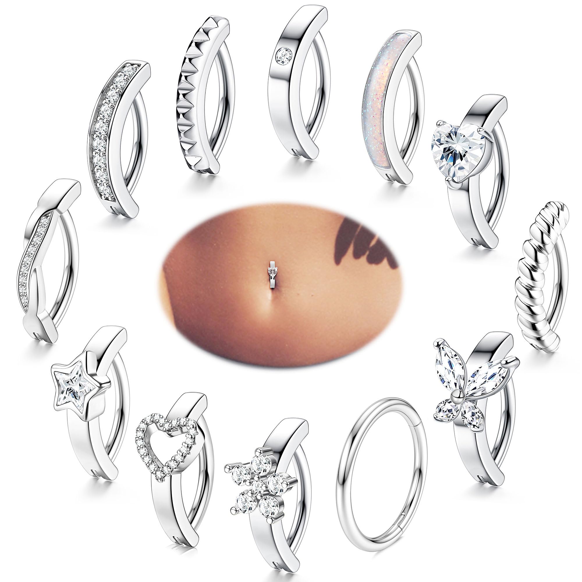 LOLIAS12Pcs 14G Clicker Piercing Ombligo Aro Piercing Ombligo Acero Quirurgico para Mujer Mariposa Corazón Circonita Cúbica Piercing Anillo de Ombligo Piercing Corporal Joyeria 10/12 MM