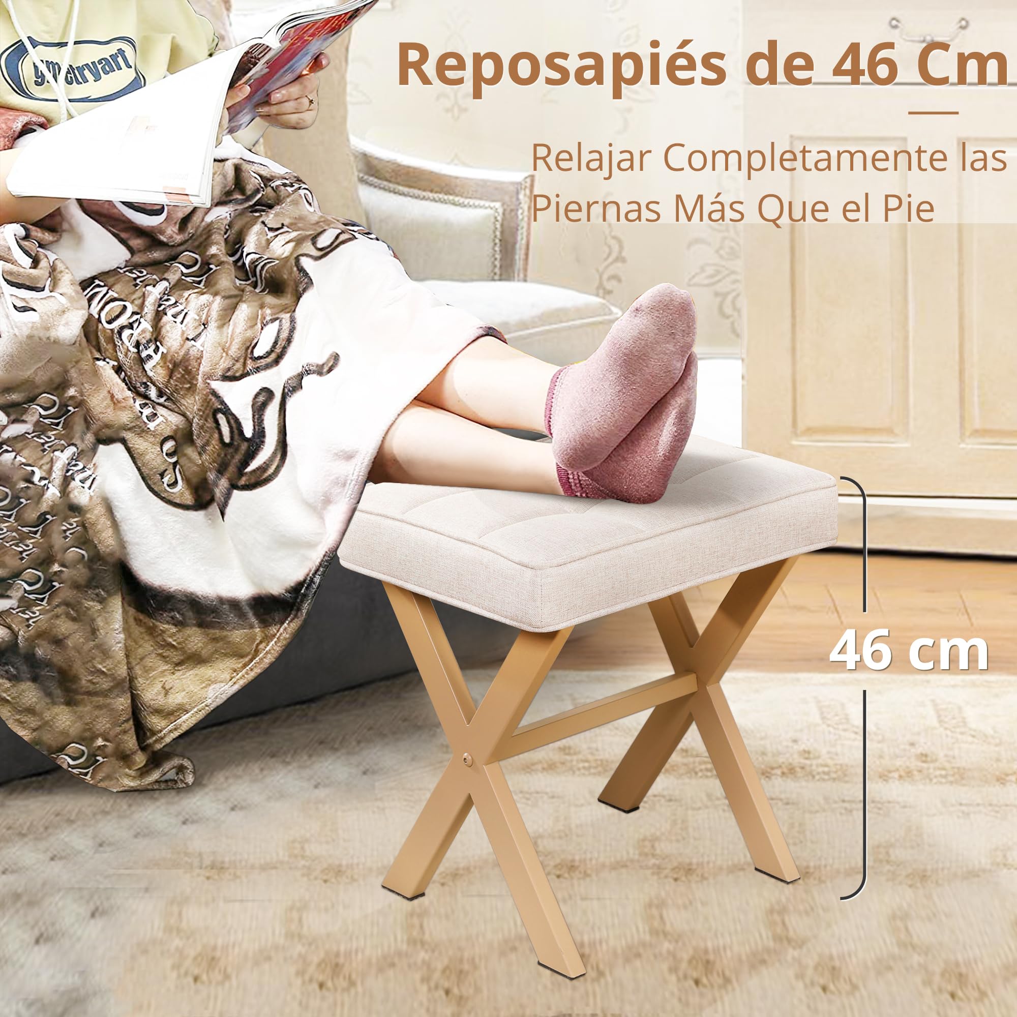 LUE BONATaburete acolchado de maquillaje con patas en X, otomano, reposapiés, de lino para salón, dormitorio, 43 x 33 x 46 cm, arena de lino