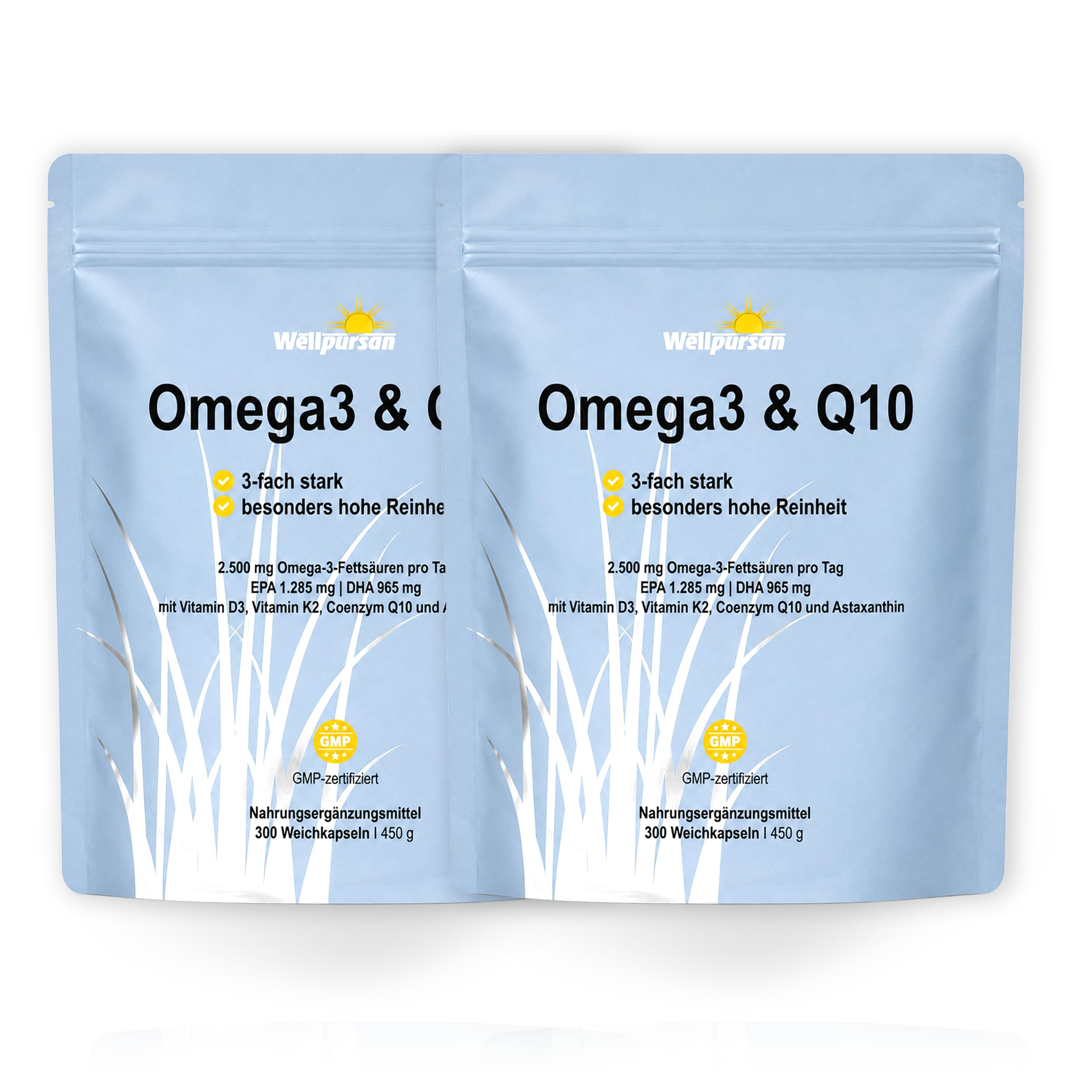 Wellpursan Omega Q10 Plus - 180 Kapseln premium Omega-3 Fettsäuren Kapseln mit 2100mg Fischöl pro Tagesdosis (davon 378mg EPA & 252mg DHA), zusätzlich angereichert mit Vitaminen