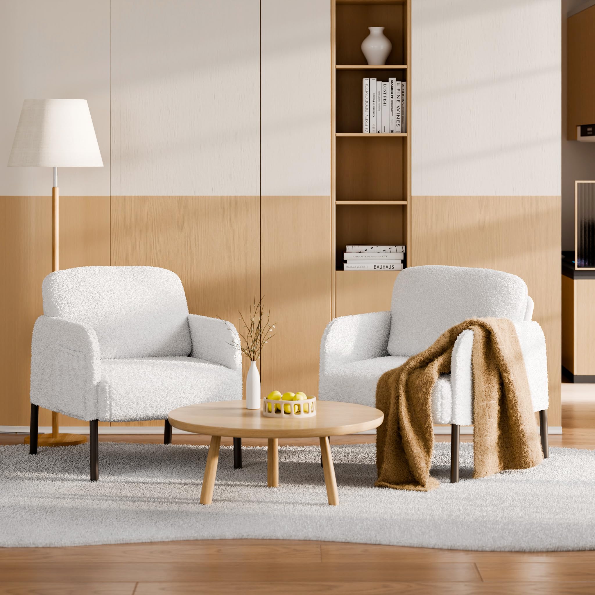 Mondeer Sessel, Einzel Loungesofa mit Seitentasche mit Metallbeinen Gemütlicher Kunstlammfell Stoff Modern, für Wohnzimmer Schlafzimmer Arbeitszimmer, 63 x 75 x 75 cm, Weiß