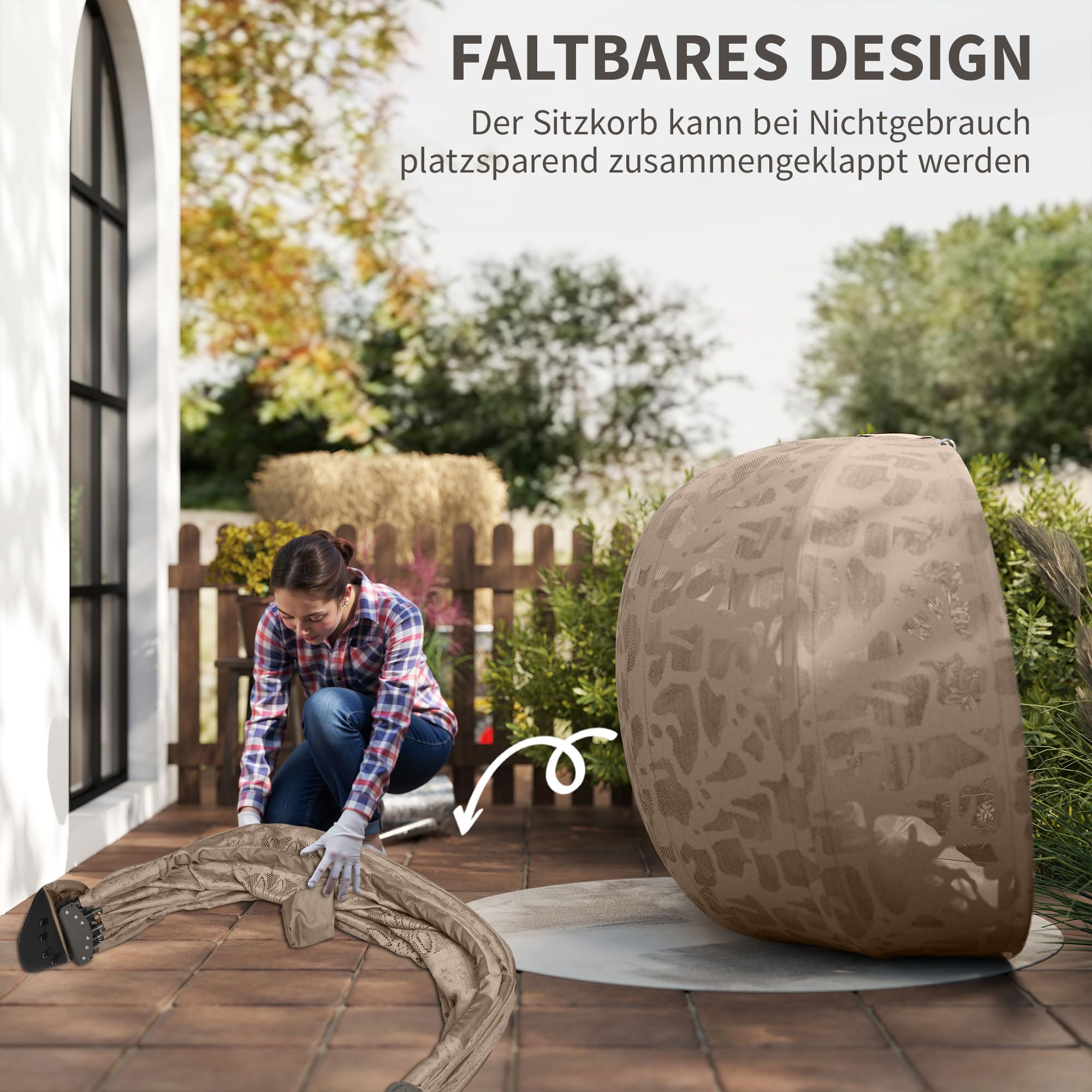 Outsunny Hängesessel, 2 Sitzer Hängestuhl mit Kissen, Hängeschaukel mit Klappbarem Sitzkorb, Seitentaschen für Indoor, Outdoor, bis 240 kg Belastbar, Polyester+Stahl, Sand