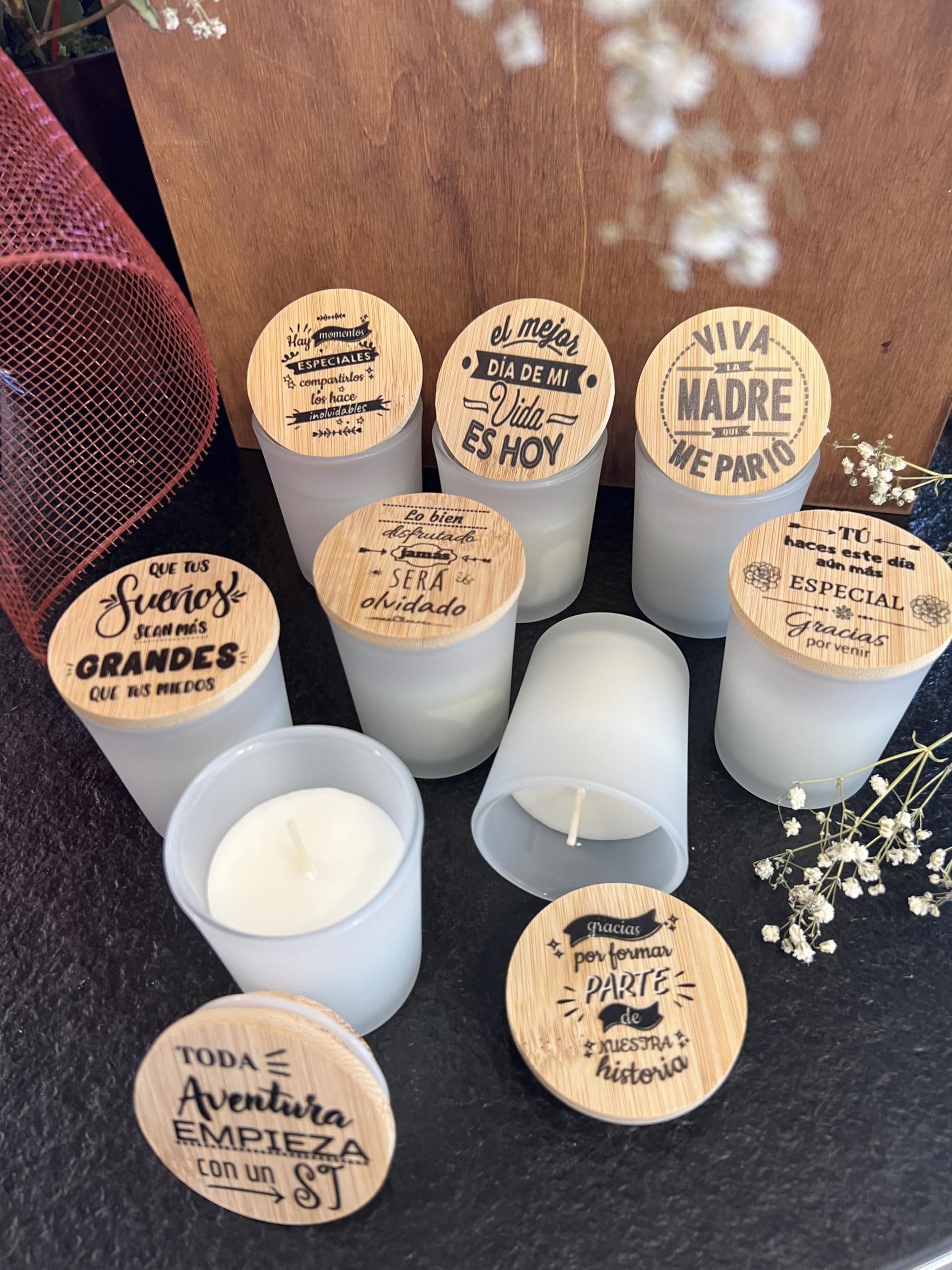 Uvimark - Detalles de boda, comunión, bautizo - Set de 10 velas aromáticas con mensaje - Velas estampadas con tapa de madera - Regalos Originales