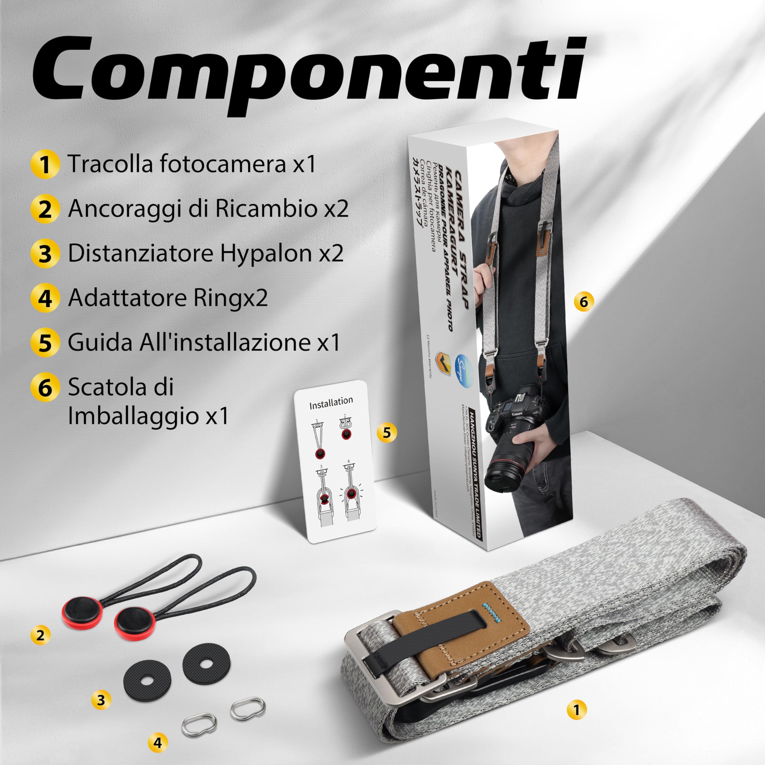 Sunya Tracolla per Fotocamera con sgancio rapido, realizzata in nylon avanzato, regolabile con una mano, compatibile con tutte le fotocamere, carico massimo 90 kg.