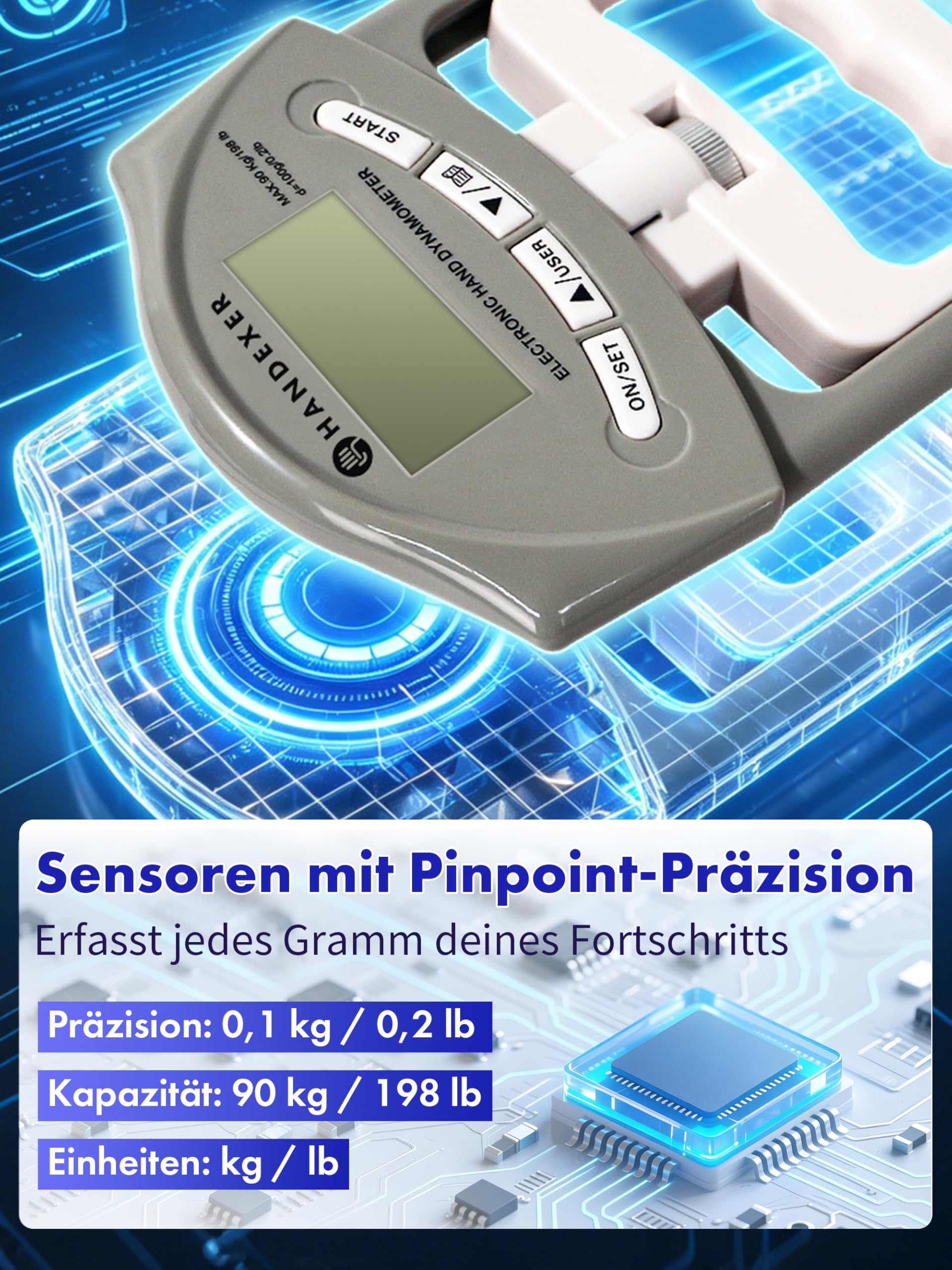 Digitaler Griffkraftmesser 0-120kg – Professionelles Handdynamometer mit LCD-Display, Verstellbarem Griff & Alters-Normtabelle für Kraftmessung, Training