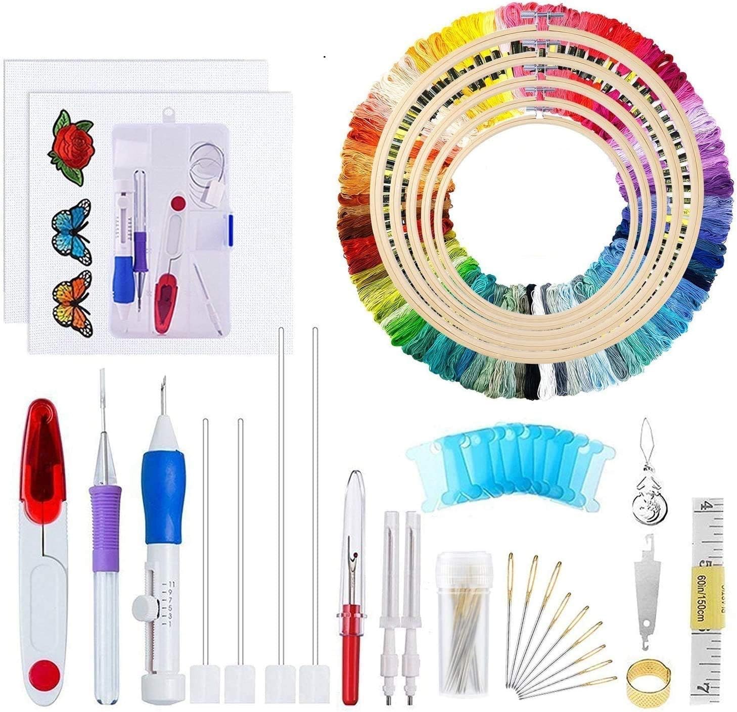 Embroidery Starter Kit Full Set - Including Magic Embroidery Pen Punch Needle,5 Pieces Bamboo Embroidery Hoops, 100 Color Threads,Embroidery Needles Stitching Punch Pen Set Craft Tool for Beginner