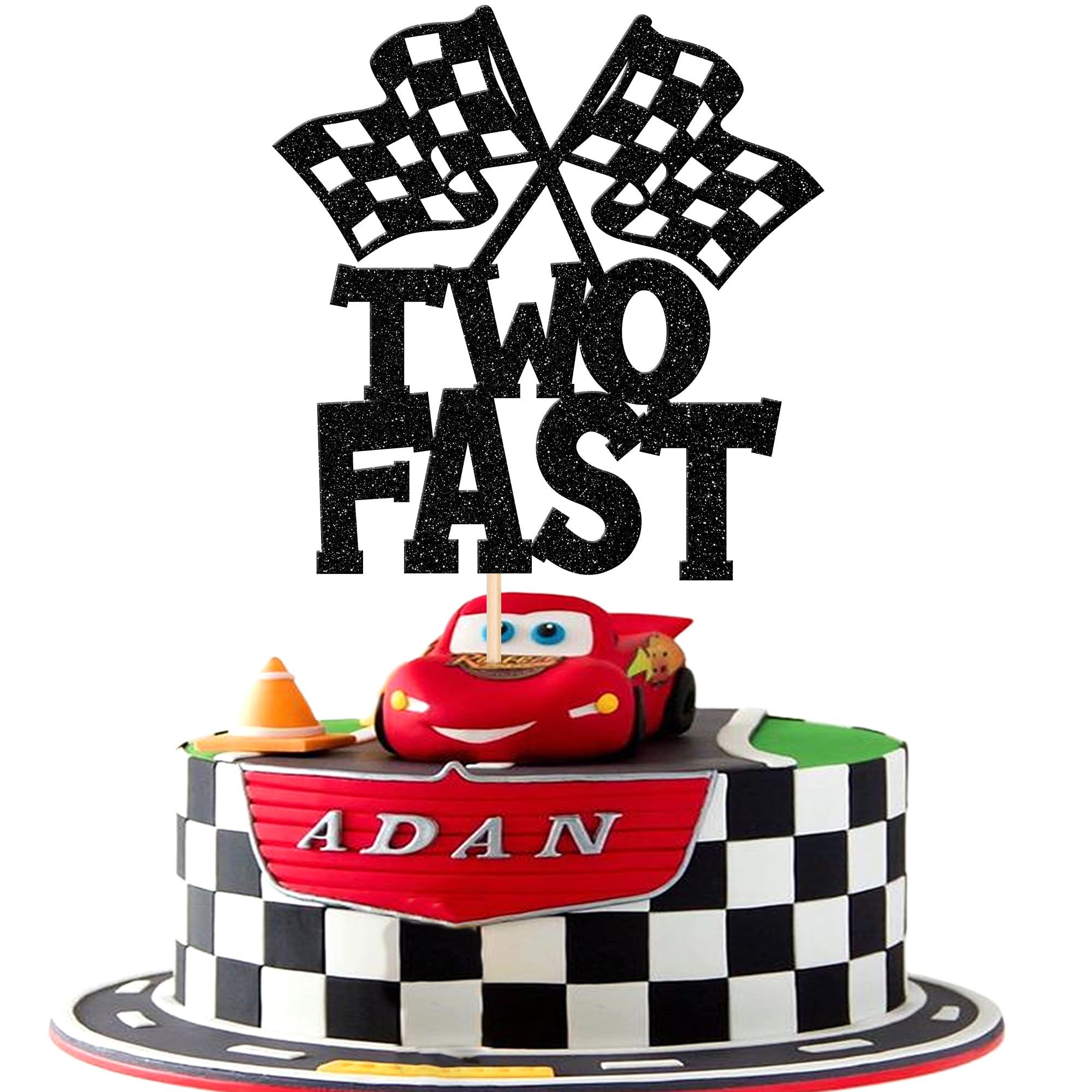 1 PCS Two Fast Birthday Cake Topper Black Glitter Checkered Flag Racing Car 2nd Birthday Cake Pick for Let's Go Racing Theme Boys Girls Kids Second