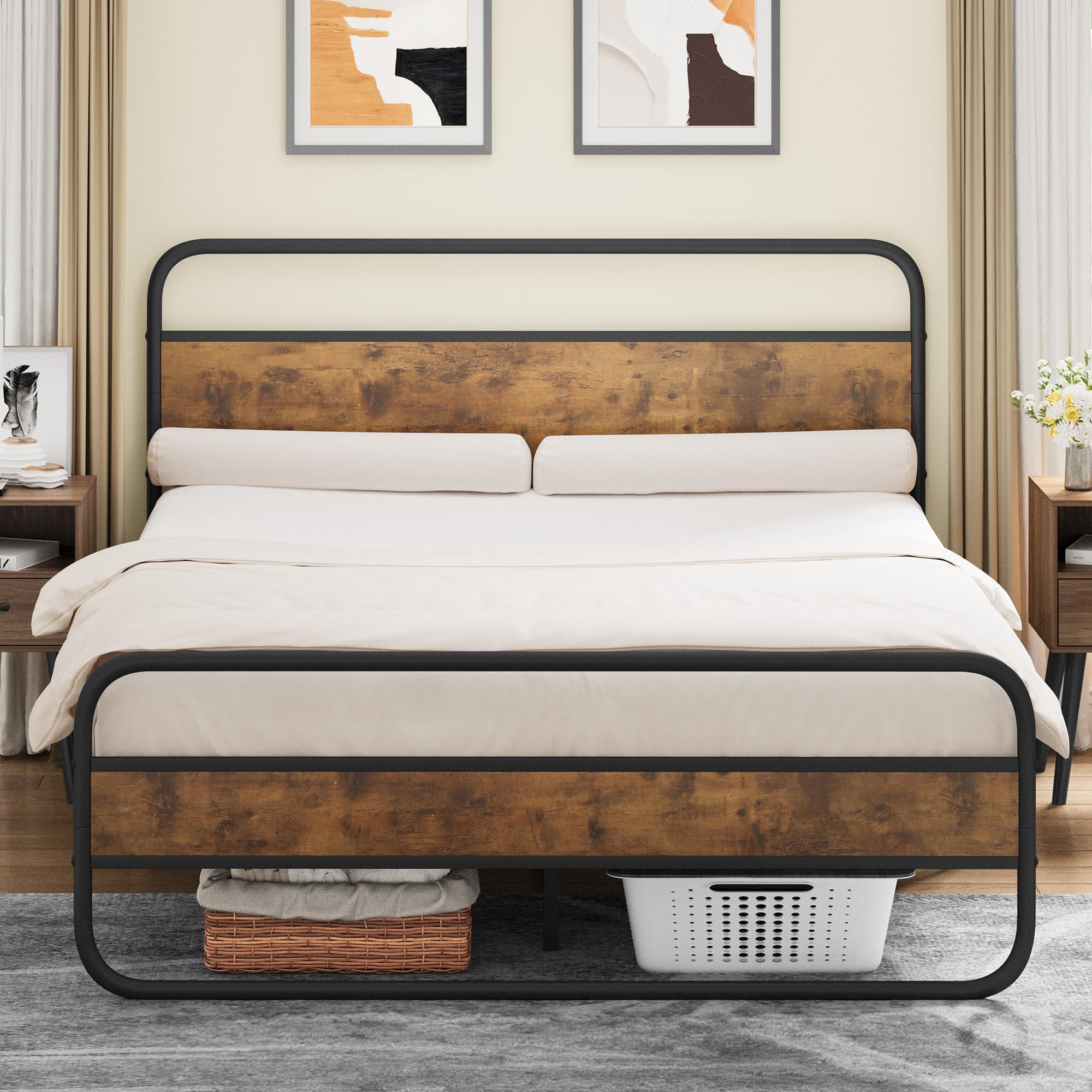 YITAHOME Queen Bed Frame with Wood Headboard and Footboard, Heavy Metal Platform Bed Heavy Duty with 1212lbs Strong Weight Capacity,Under-Bed Storage, Noise Free,Easy Assembly,(Rustic Brown,Queen)
