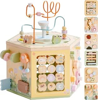 ROBOTIME 13-in-1 Wooden Montessori Activity Cube for Toddlers 1+ - Shape Sorter, Bead Maze, Gears Educational Toy for Boys & Girls