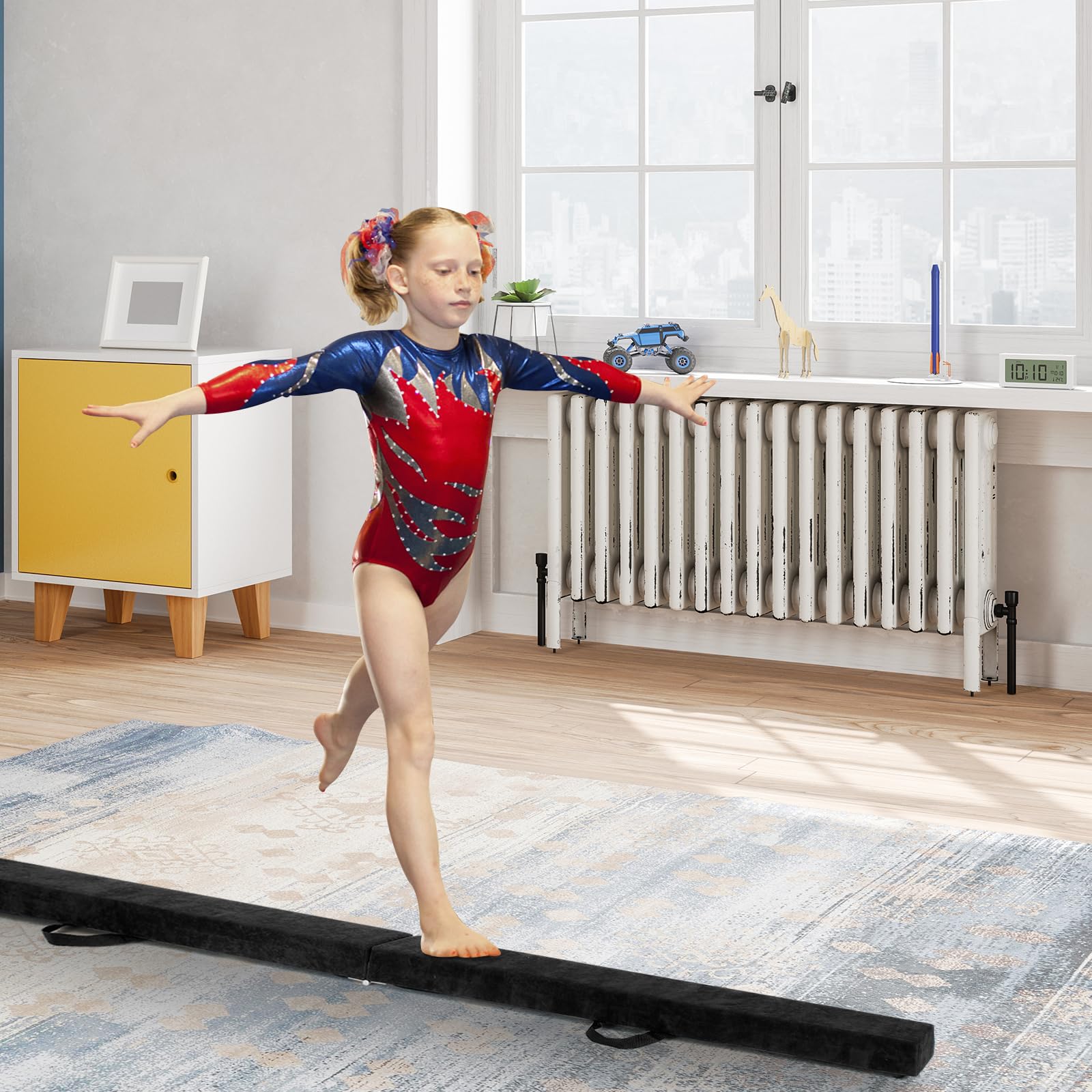GOPLUS Schwebebalken für Zuhause, 210x10x8cm Gymnastikbalken Balancierbalken mit Griffen, Turnen Balken rutschfest für Kinder & Anfänger