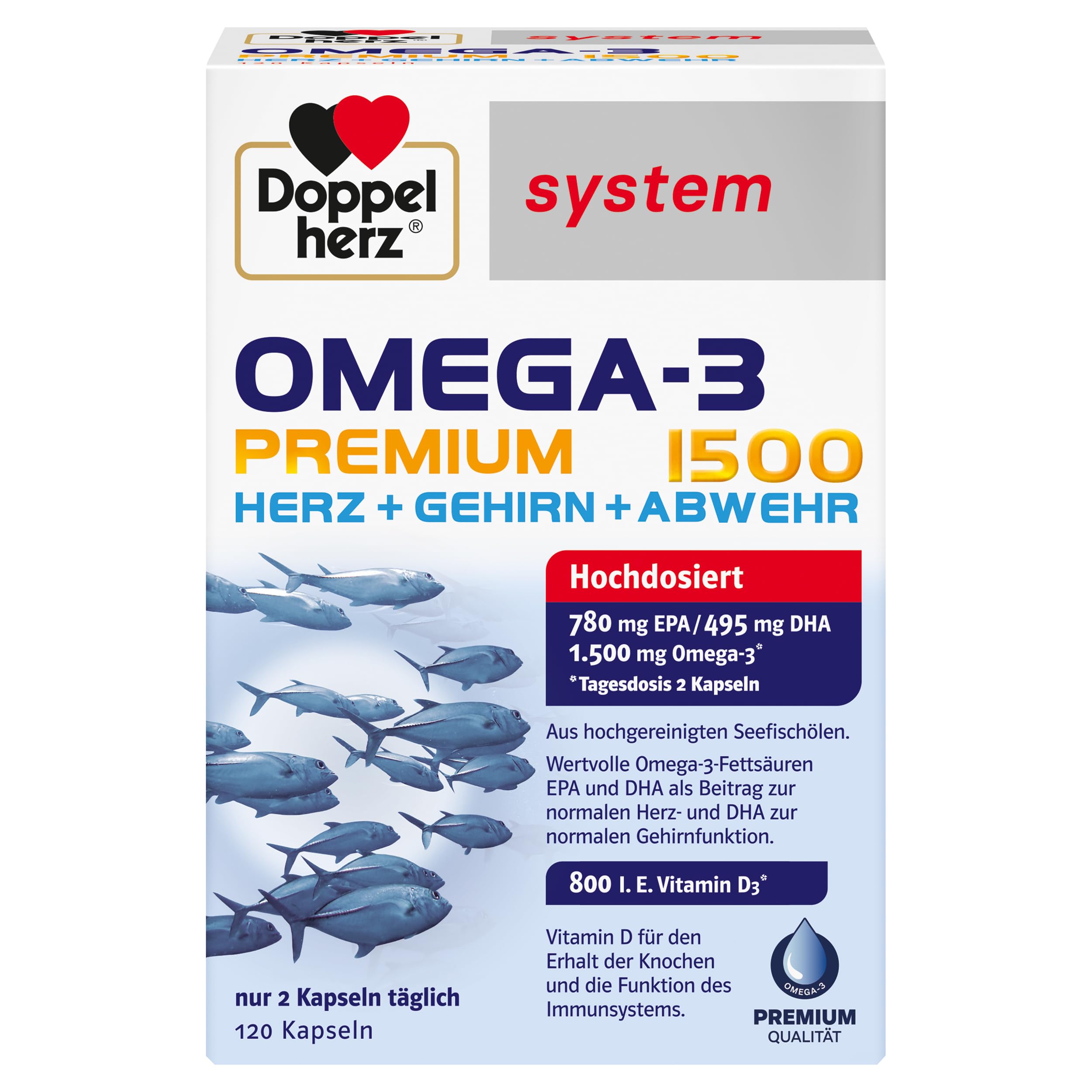 Doppelherz system Omega-3 Premium 1500 – Hoher Gehalt an wertvollen Omega-3-Fettsäuren EPA und DHA als Beitrag zur normalen Herzfunktion – 120 Kapseln