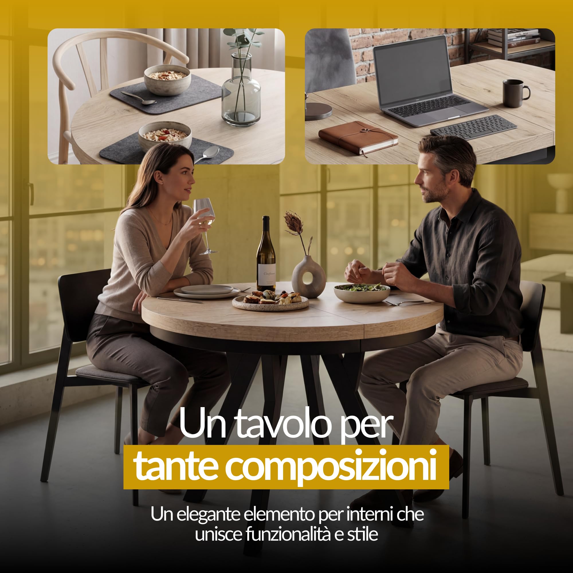 Tavolo Rotondo Allungabile EVO - Tavolo da Pranzo Allungabile - Piano in laminato da 36 mm - Gambe Solide - Diametro da 90 cm a 190 cm Lancelot