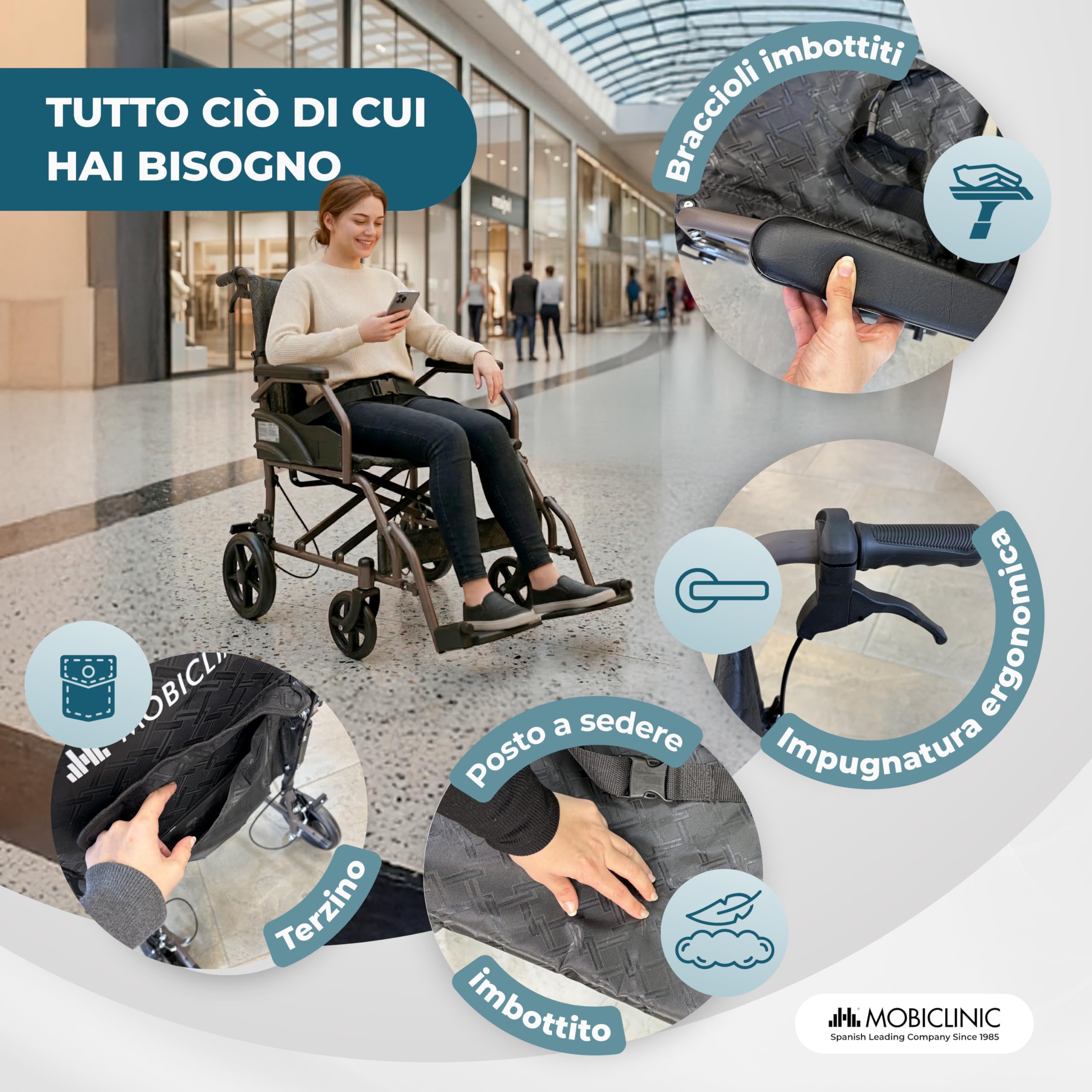 Mobiclinic®, Sedia a Rotelle Pieghevole, da Transito, Schienale e Poggiapiedi Pieghevoli, Doppio Sistema Frenante, Braccioli Imbottiti, Acciaio, Leggera e Compatta, Kefren