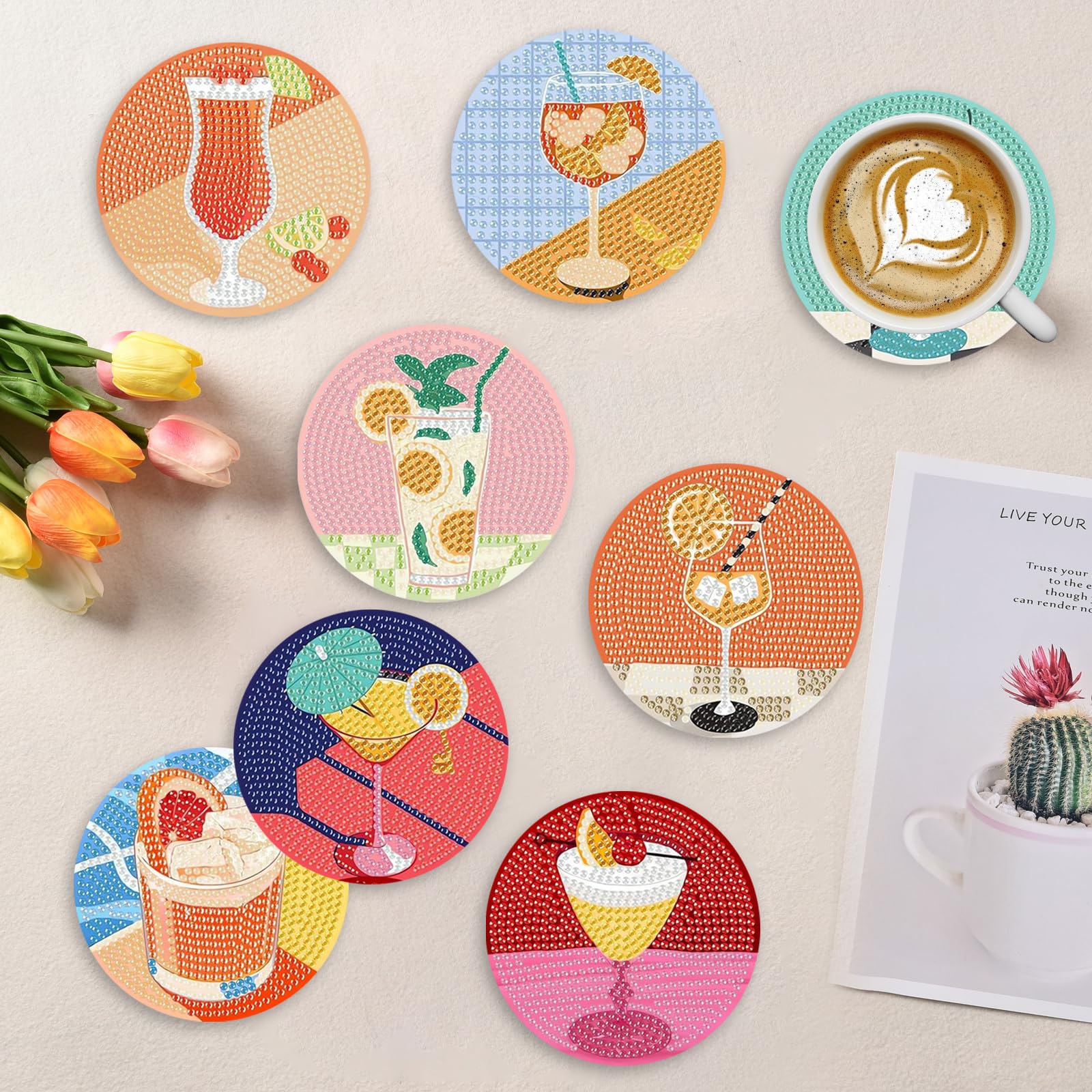 8 PCS Posavasos de Pintura Diamantes con Soporte, Posavasos de Diamantes, Posavasos de Arte de Diamantes con Estilo cóctel Antideslizantes Vasos para Bebidas de Bar, Principiantes, Adultos y Niños