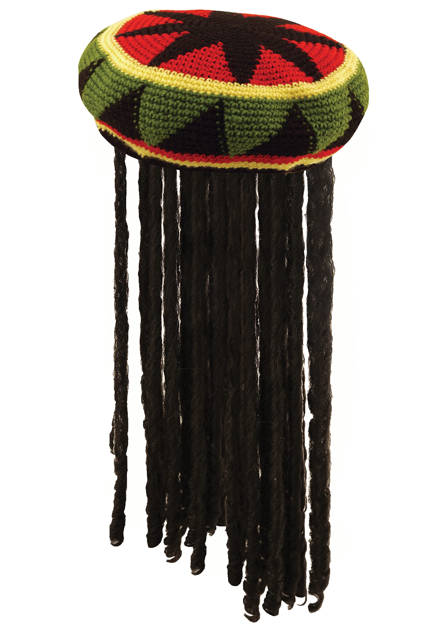 Adults Rasta Hat - Multicoloured Knitted Cap With Attached Black Dreadlocks Hair - Jamaican Fancy Dress Costume Accessory (Pack of 1)