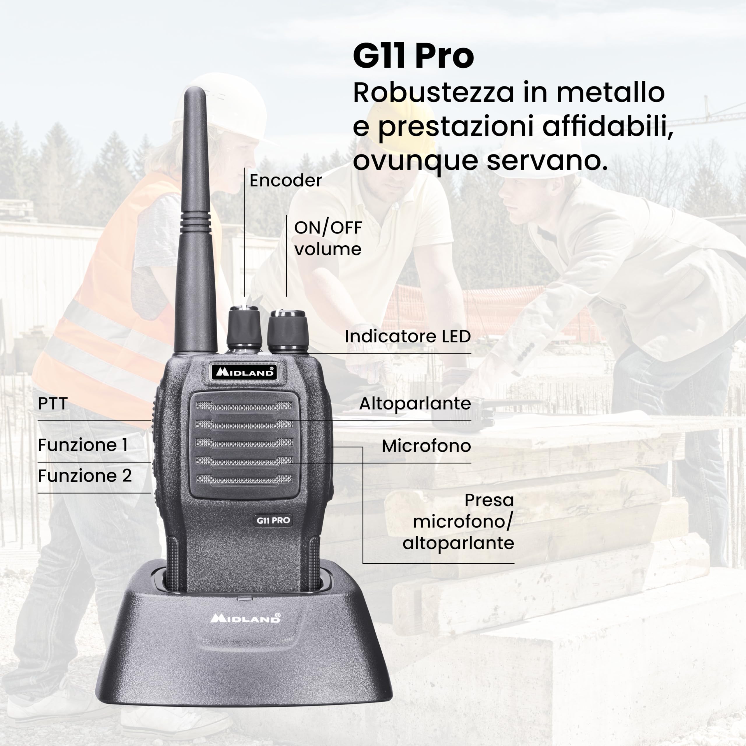 Midland - Walkie Talkie G11 Pro, Radio Ricetrasmittenti Professionali con 32 Canali PMR446, Batteria Li-Ion 1600mAh Ricaricabile e Accessori - Autonomia 22H, Copertura 12Km, VOX, 2 Pin Kenwood
