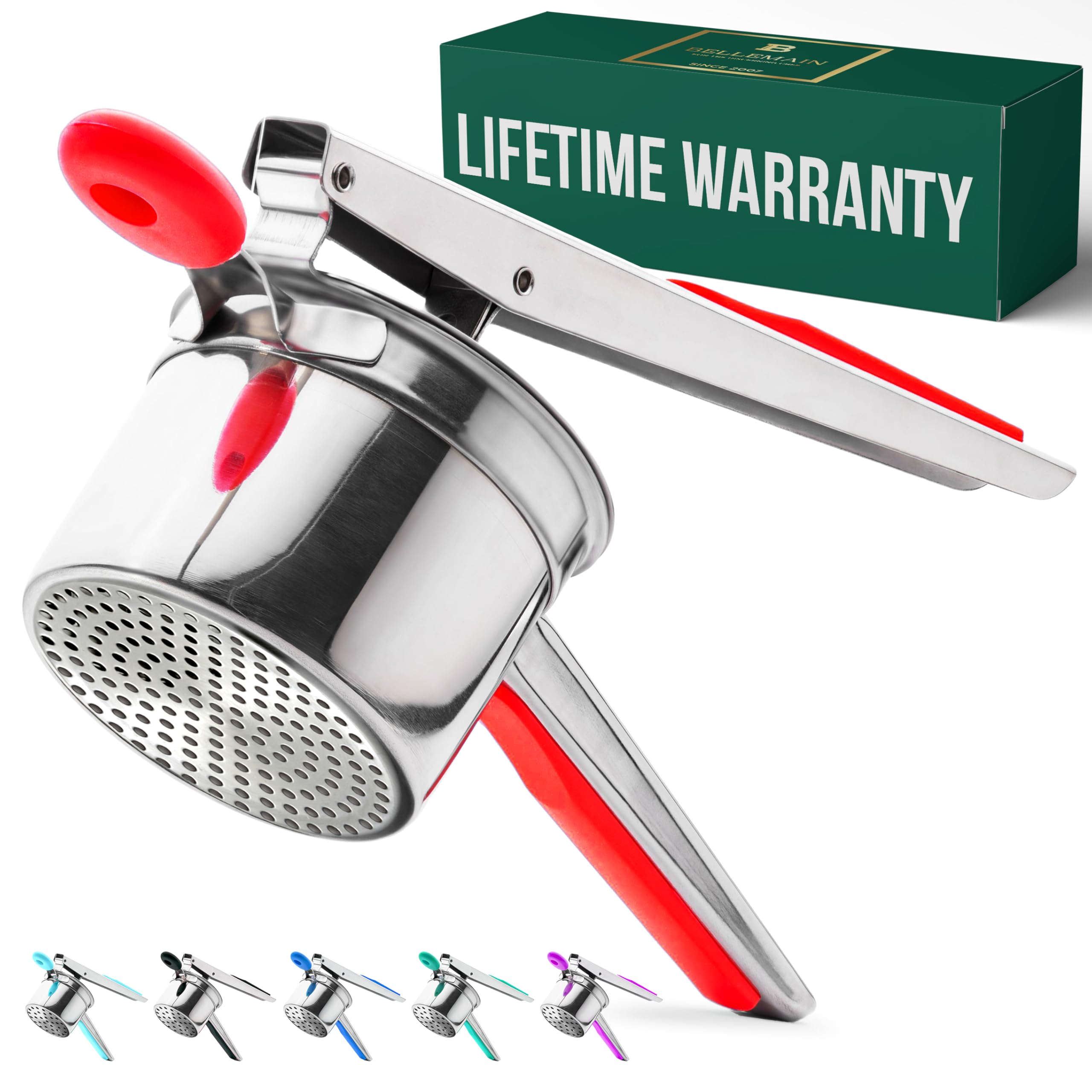 Bellemain 15 oz Large Potato Ricer | Heavy-Duty Stainless Steel Potato Ricer & Masher | Perfect for Mashed Potatoes | Ricer Kitchen Tool with Fixed Disc (Red)