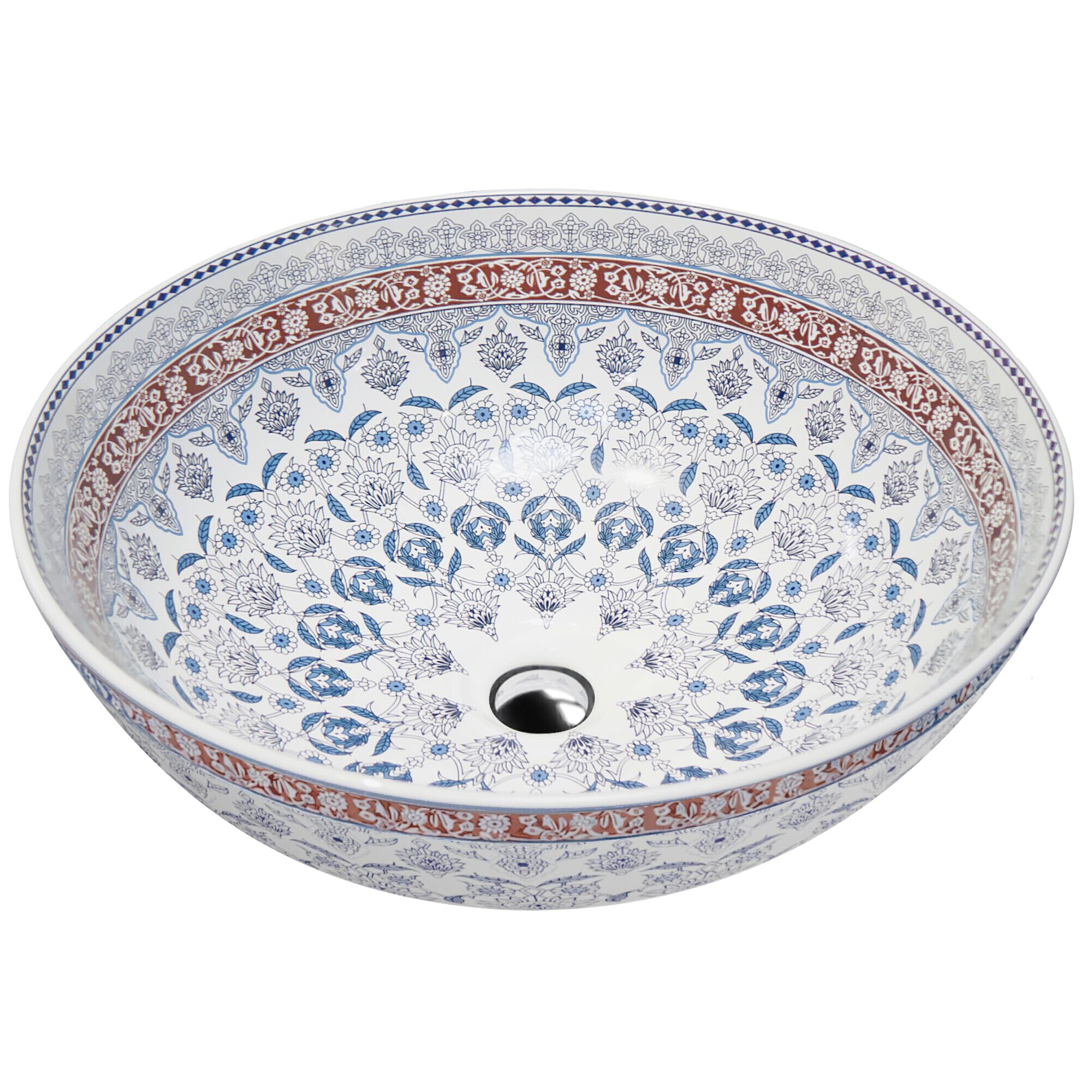 LAVITA FOLKLOR Countertop washbasin Patterned Sink Ceramic Without Overflow and tap Hole Countertop Basin Modern Bathroom Sink 40x40x13,5 cm, White/Blue