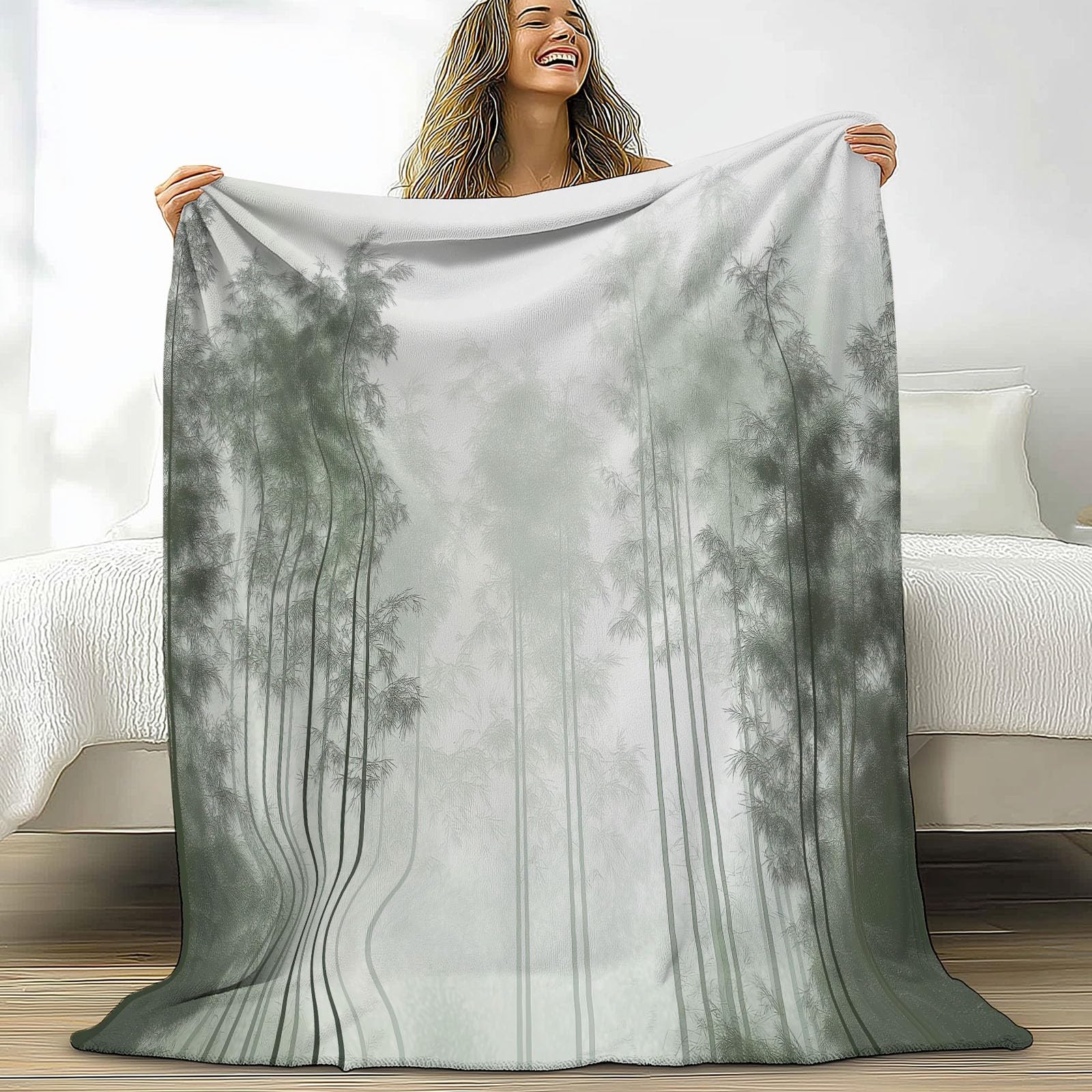 Générique Koc w kratę Bambusowy Las Tusz Malarski 180 x 220 cm Flanelowa mikrofibra Koc polarowy, Jasnozielony Puszysty Ciepły Lekki Koce do Podróżowania, Łóżko lub Sofa