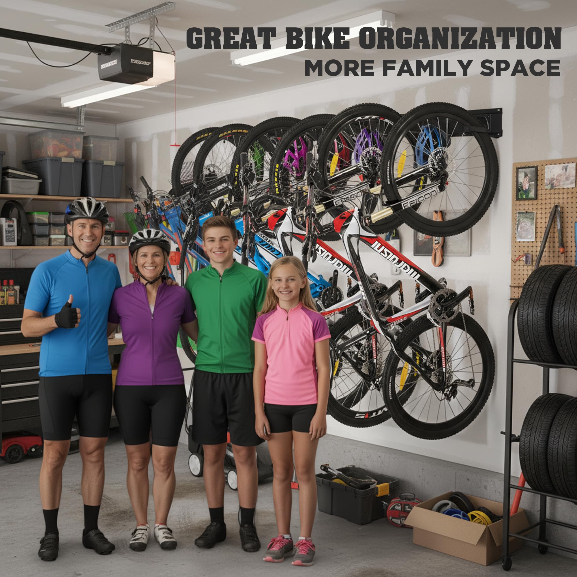 HORUSDY Stainless Steel Bike Storage Rack, 6 Bike Storage Hanger Wall Mount and 6 Helmets Hooks for Home & Garage Holds Up to 600lbs, Black