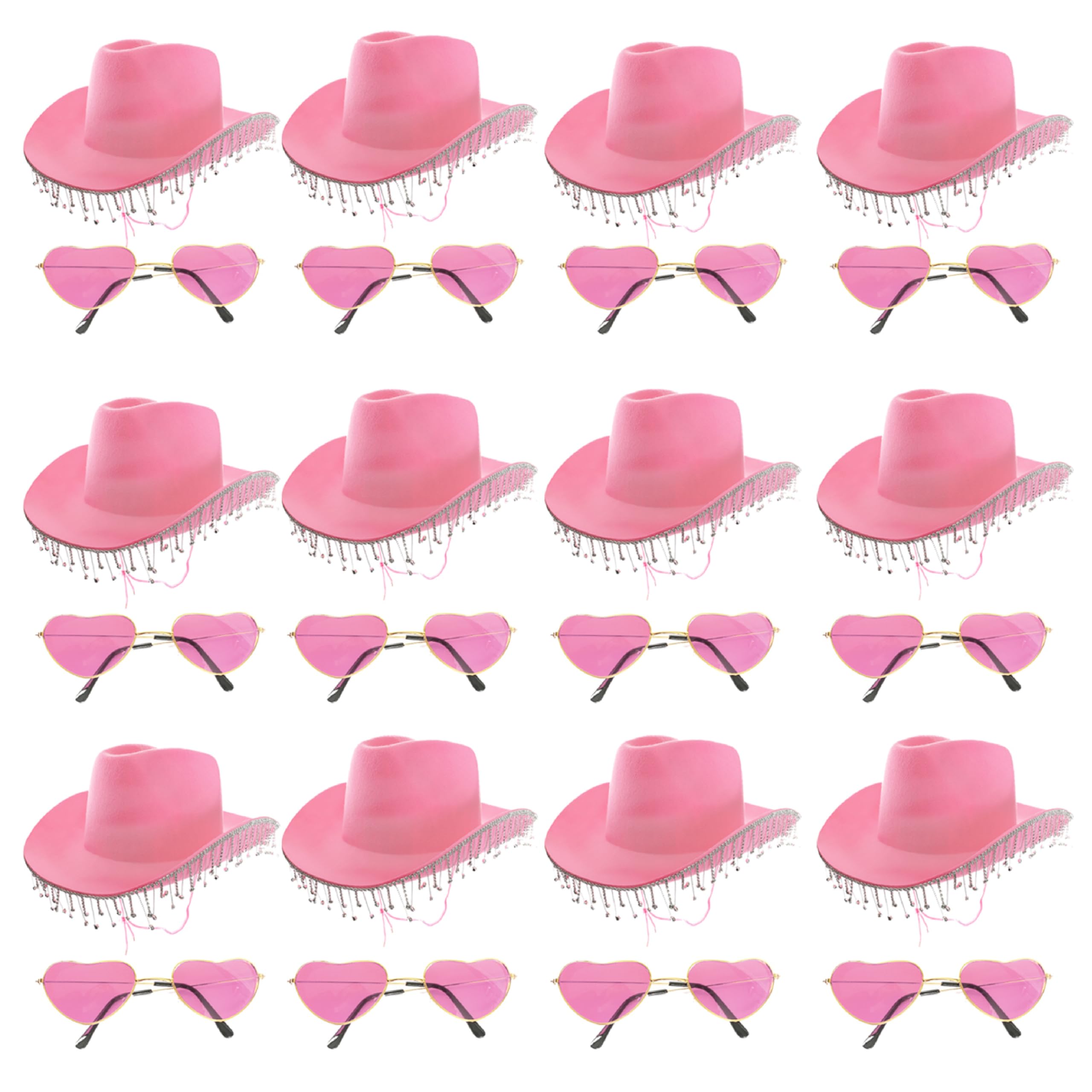 Ladies Cowgirl Set - Pack of 12 - Pink Cowgirl Hat with Diamanté Fringe and Pink Heart-Shaped Glasses - Adults Music Festival Hen Party Fancy Dress Accessory