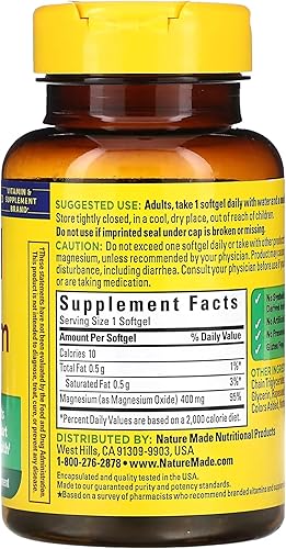 Miniatura 7 de Nature Made Óxido de magnesio extra fuerte 400 mg, suplemento dietético para soporte muscular, nervioso-óseo y cardíaco, 60 cápsulas blandas,