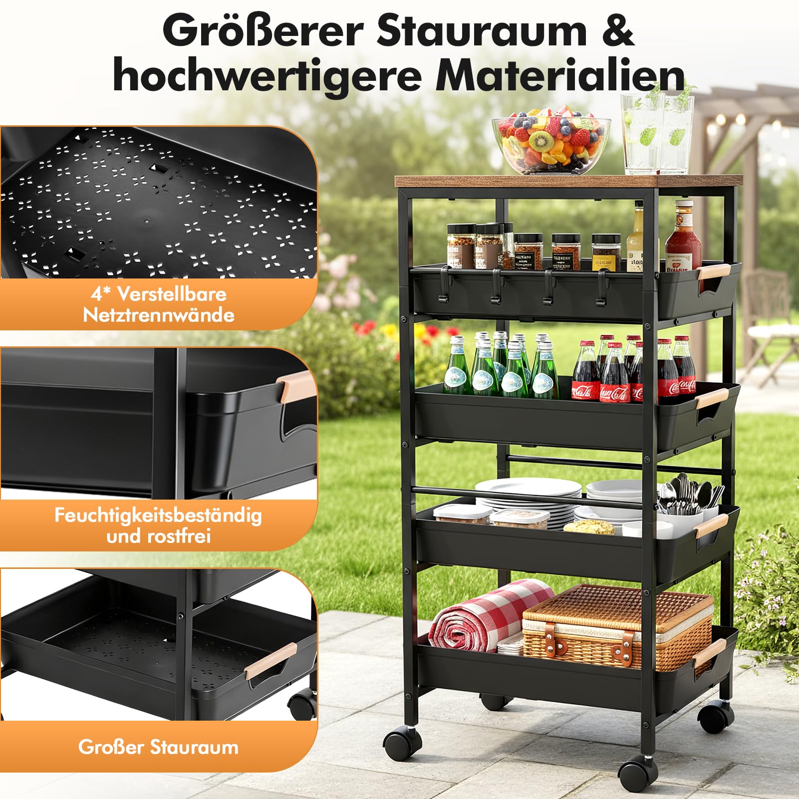 Rollwagen mit Schubladen 5-Stöckiger, Rollwagen Metall Küchenwagen auf Rollen, Aufbewahrungswagen aus Metall mit Holzplatte, Belüfteten Körben und Rollen, Snack-Organizer für Obst, Gemüse, Mikrowelle